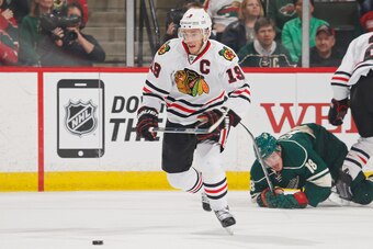 ST. PAUL, MN - MAY 5: Jonathan Toews #19 of the Chicago Blackhawks skates to the puck against the Minnesota Wild in Game Three of the Western Conference Semifinals during the 2015 NHL Stanley Cup Playoffs on May 5, 2015 at the Xcel Energy Center in St. Pa