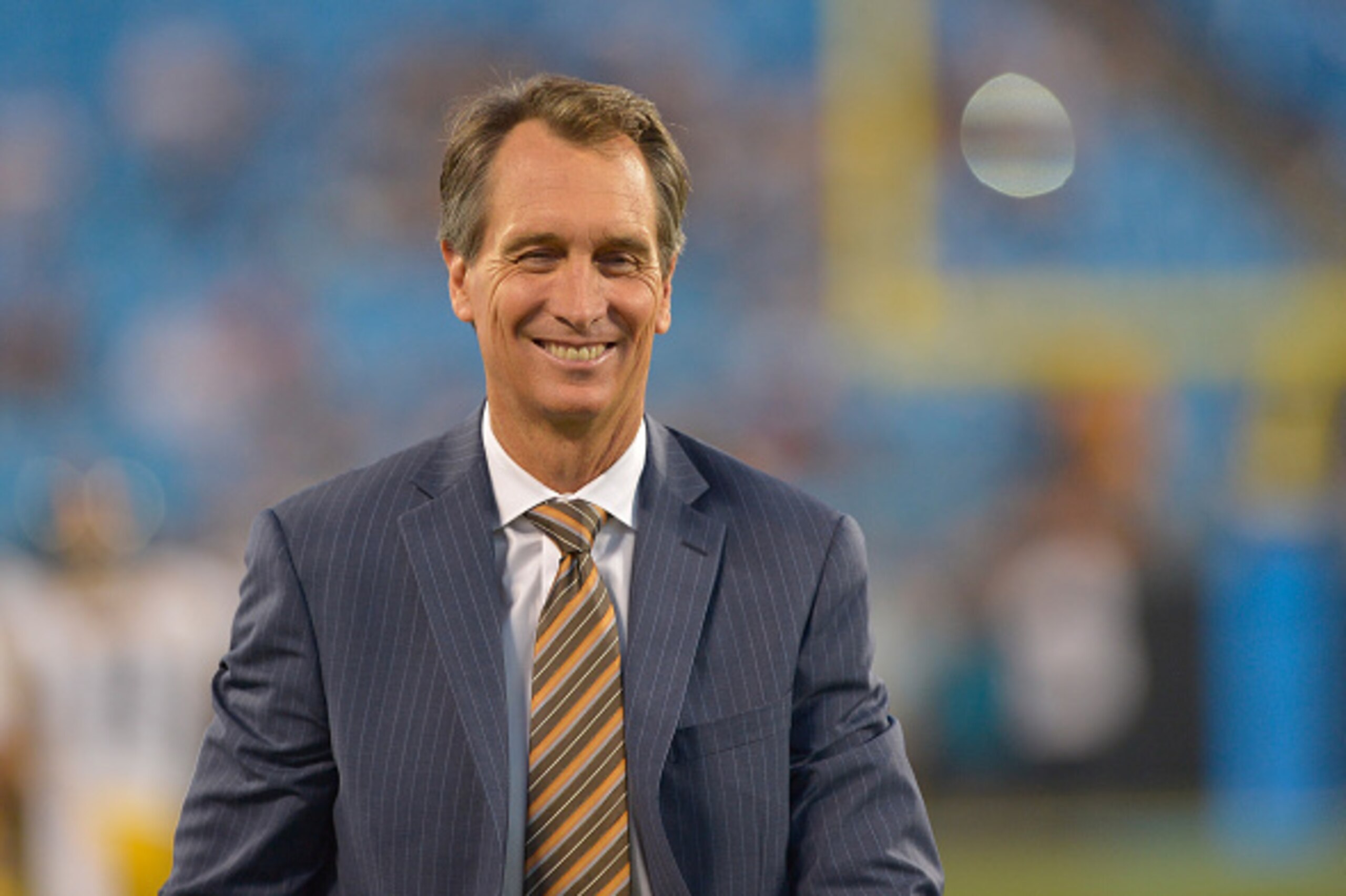 CHARLOTTE, NC - SEPTEMBER 21:  NBC Sports personality Cris Collinsworth during an NBC Sunday Night Football broadcast between the Carolina Panthers abd the Pittsburgh Steelers at Bank of America Stadium on September 21, 2014 in Charlotte, North Carolina. 