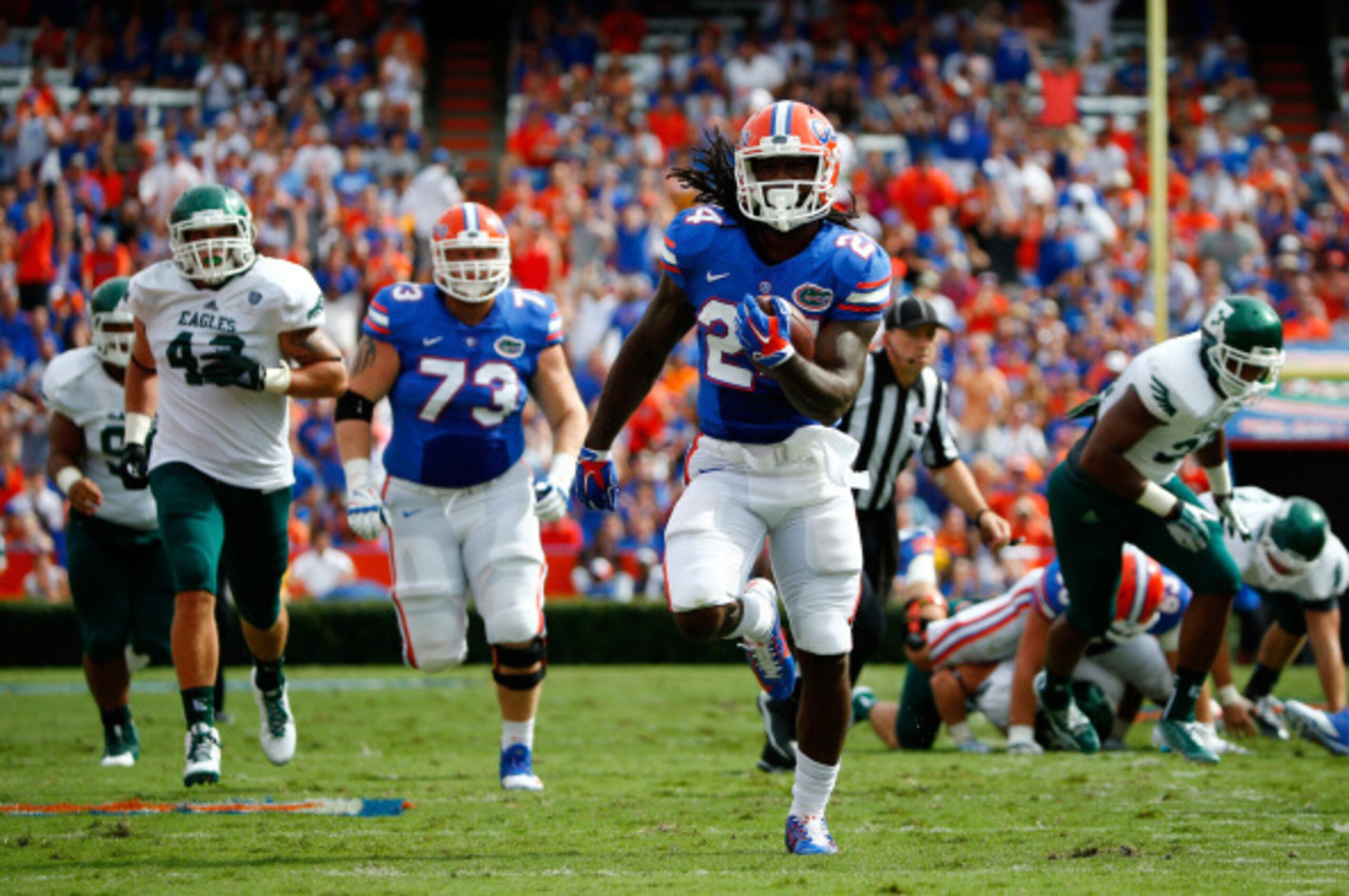 GAINESVILLE, FL - SEPTEMBER 06: Matt Jones #24 of the Florida Gators runs for yardage during the game against the Eastern Michigan Eagles at Ben Hill Stadium on September 6, 2014 in Gainesville, Florida. (Photo by Sam Greenwood/Getty Images) GAINESVILLE, FL - SEPTEMBER 06: Matt Jones #24 of the Florida Gators runs for yardage during the game against the Eastern Michigan Eagles at Ben Hill Stadium on September 6, 2014 in Gainesville, Florida. (Photo by Sam Greenwood/Getty Images)