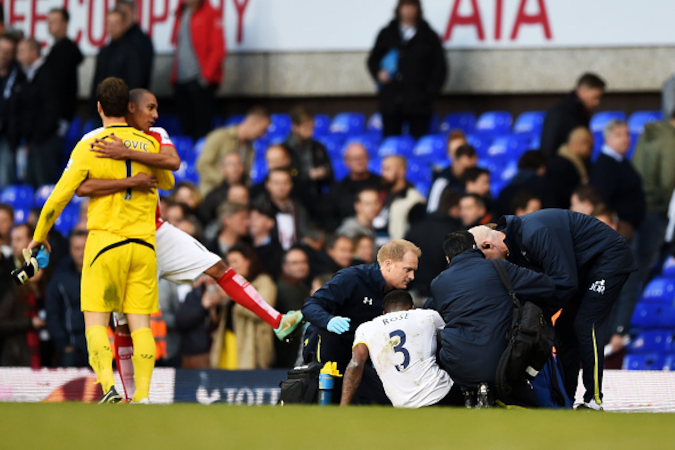 LONDON, ENGLAND - NOVEMBER 09:  The injured Danny Rose of Spurs receives medical treatment as Asmir Begovic of Stoke City and Steven N'Zonzi of Stoke City celebrate their team's 20-1 victory during the Barclays Premier League match between Tottenham Hotsp