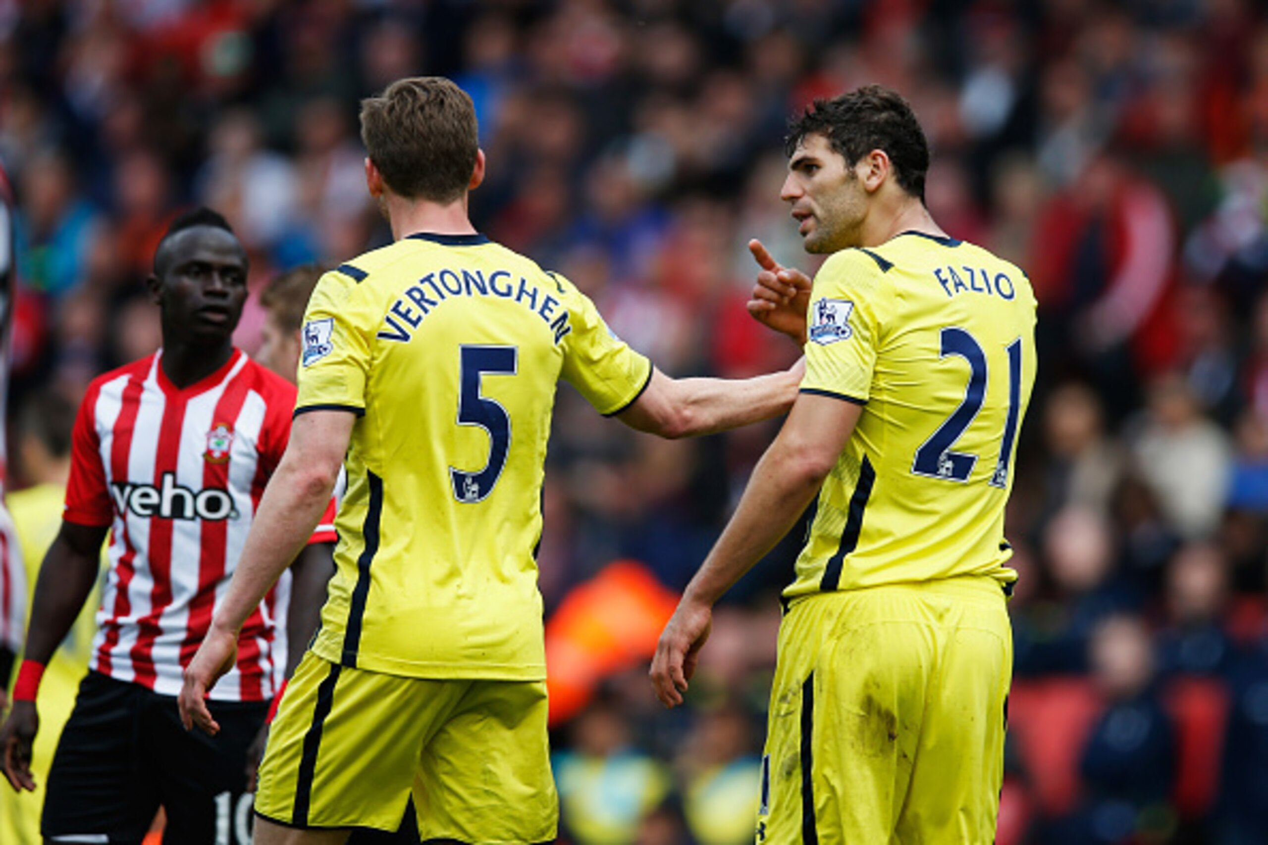 SOUTHAMPTON, ENGLAND - APRIL 25:  Team mates Jan Vertonghen (5) and Federico Fazio of Spurs (21) argue during the Barclays Premier League match between Southampton and Tottenham Hotspur at St Mary's Stadium on April 25, 2015 in Southampton, England.  (Pho