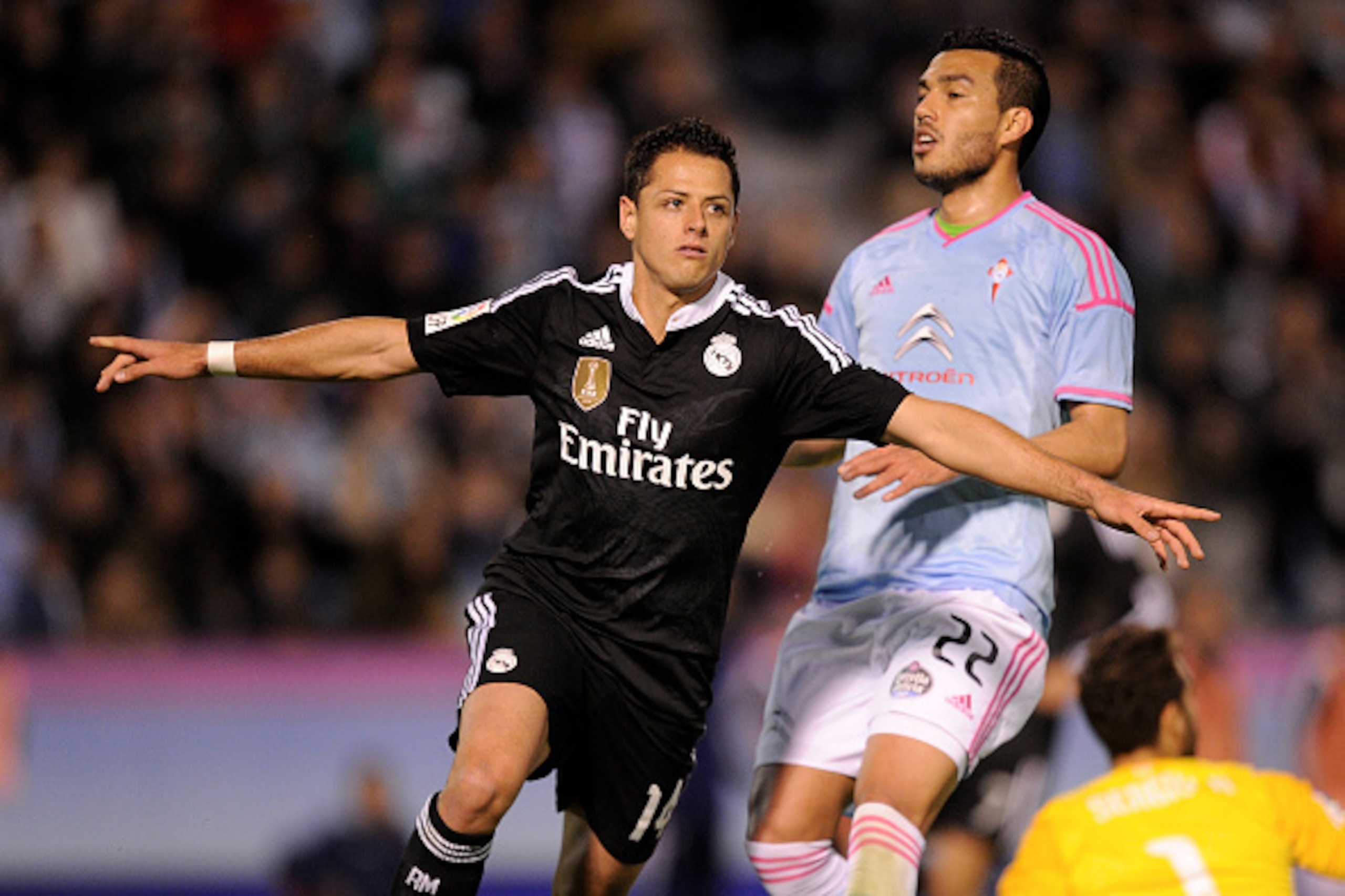 VIGO, SPAIN - APRIL 26:  Javier 'Chicharito' Hernandez of Real Madrid celebrates after scoring Real's 4th goal during the La Liga match between Celta Vigo and Real Madrid CF at Estadio Balaidos on April 26, 2015 in Vigo, Spain.  (Photo by Denis Doyle/Gett