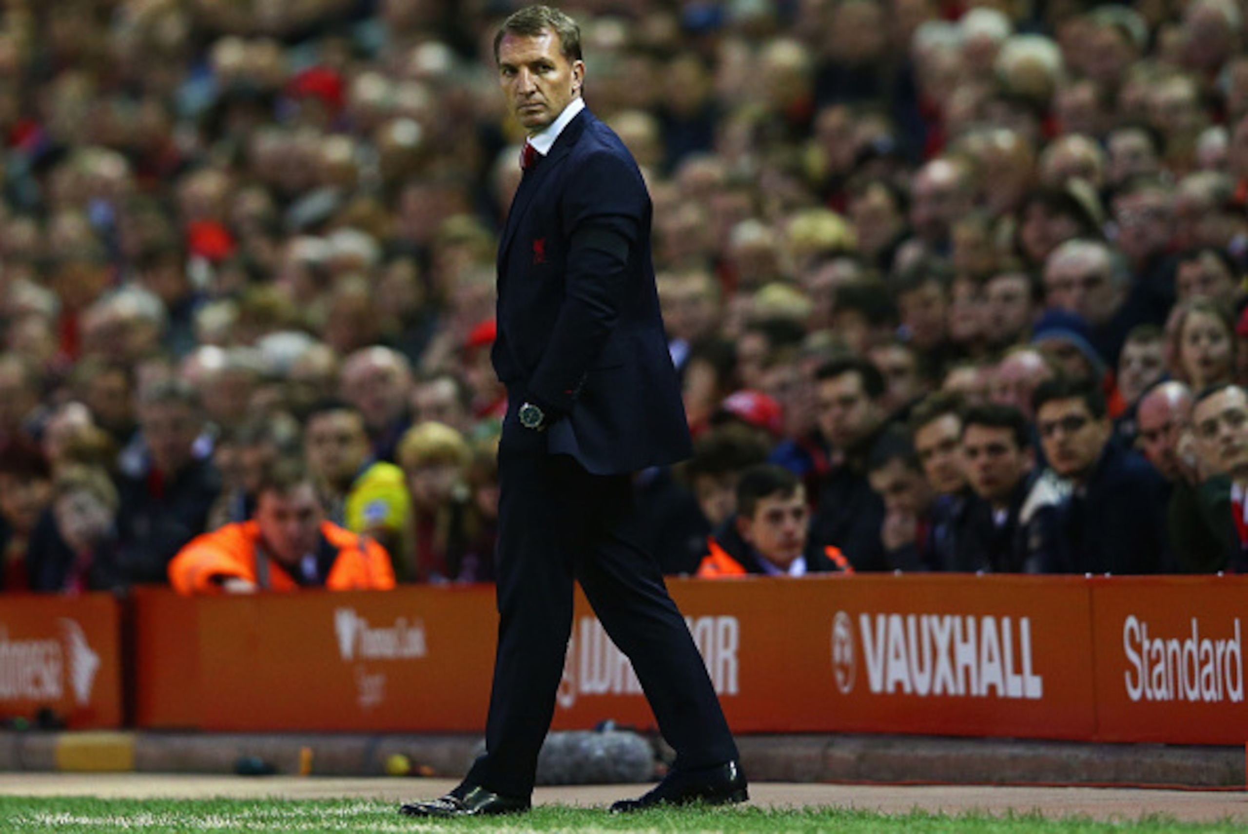 LIVERPOOL, ENGLAND - APRIL 13:  Brendan Rodgers manager of Liverpool looks on from the touchline during the Barclays Premier League match between Liverpool and Newcastle United at Anfield on April 13, 2015 in Liverpool, England.  (Photo by Clive Brunskill