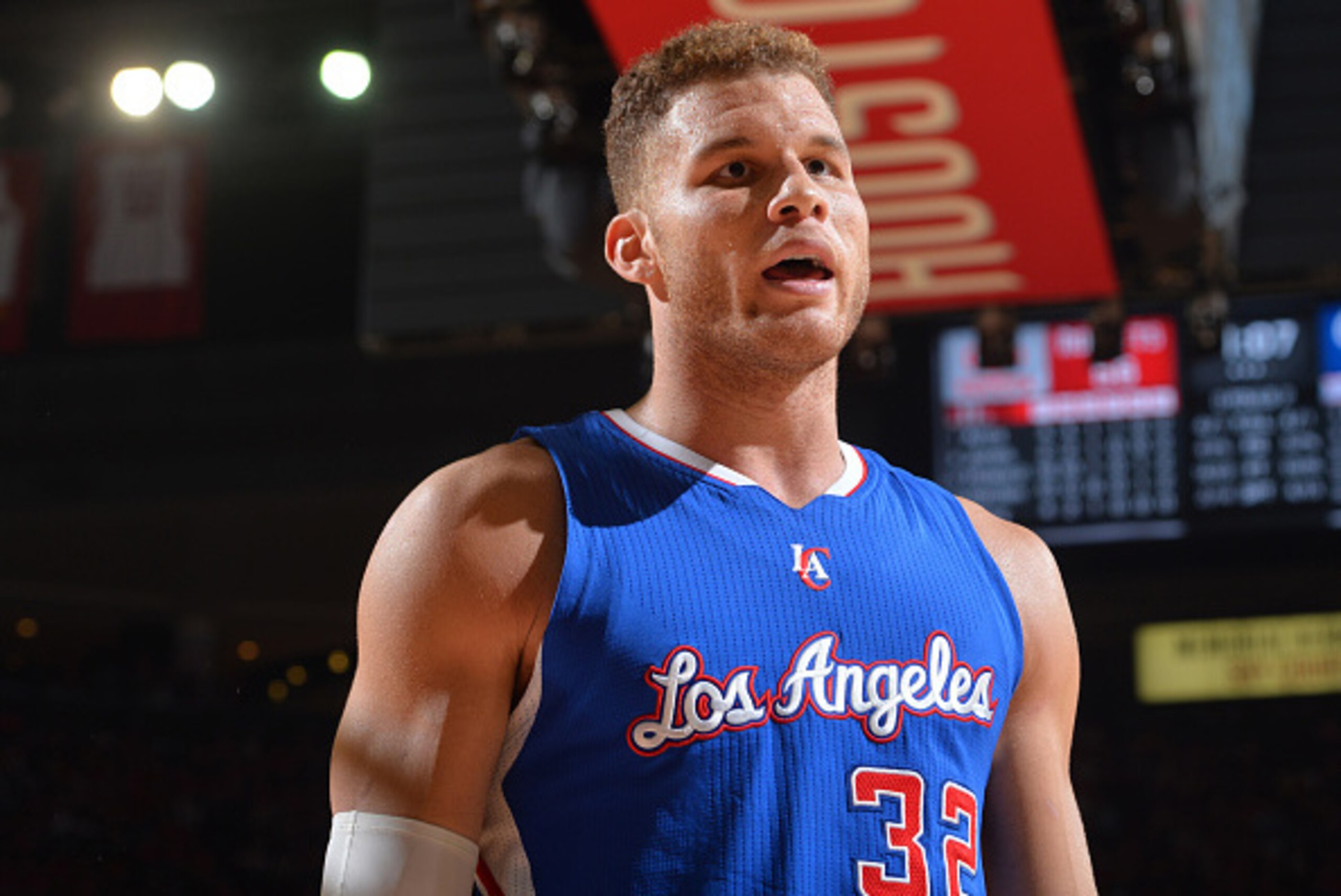HOUSTON,TX : Blake Griffin #32 of the Los Angeles Clippers looks on against the Houston Rockets at the Toyota Center During Game Two of the Western Conference Semifinals during the 2015 NBA Playoffs on May 6, 2015 in Houston,Texas NOTE TO USER: User expre