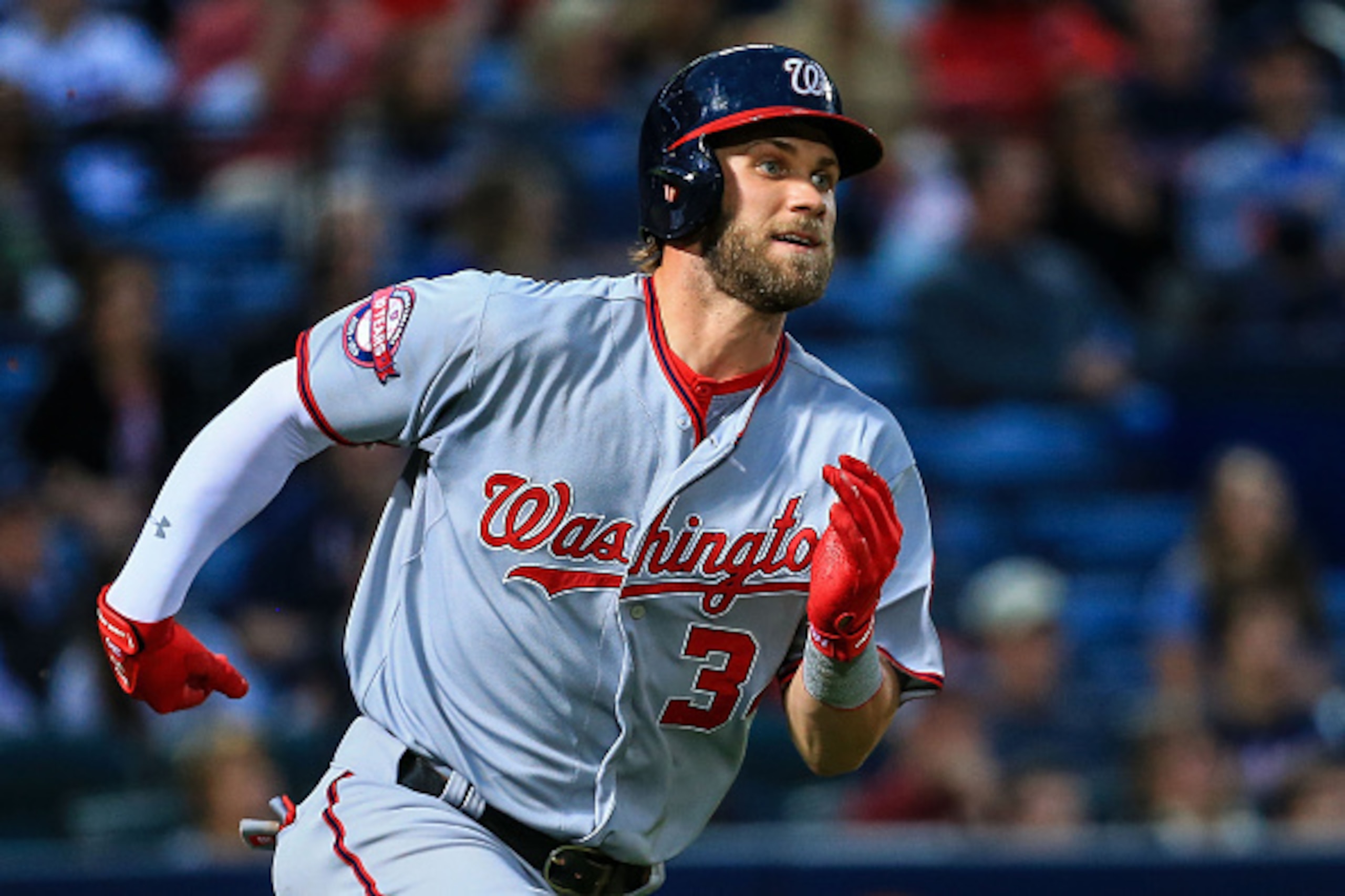 ATLANTA, GA - APRIL 29:  Bryce Harper #34 of the Washington Nationals runs to first base after hitting a double during the fourth inning against the Washington Nationals at Turner Field on April 29, 2015 in Atlanta, Georgia.  (Photo by Daniel Shirey/Getty