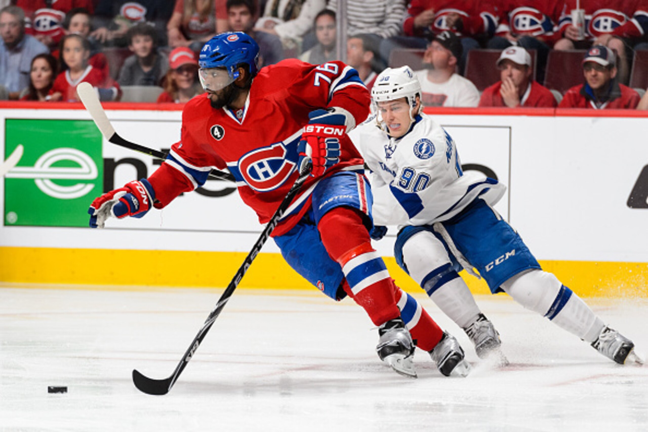 MONTREAL, QC - MAY 03:  P.K. Subban #76 of the Montreal Canadiens moves the puck past Vladislav Namestnikov #90 of the Tampa Bay Lightning in Game Two of the Eastern Conference Semifinals during the 2015 NHL Stanley Cup Playoffs at the Bell Centre on May 