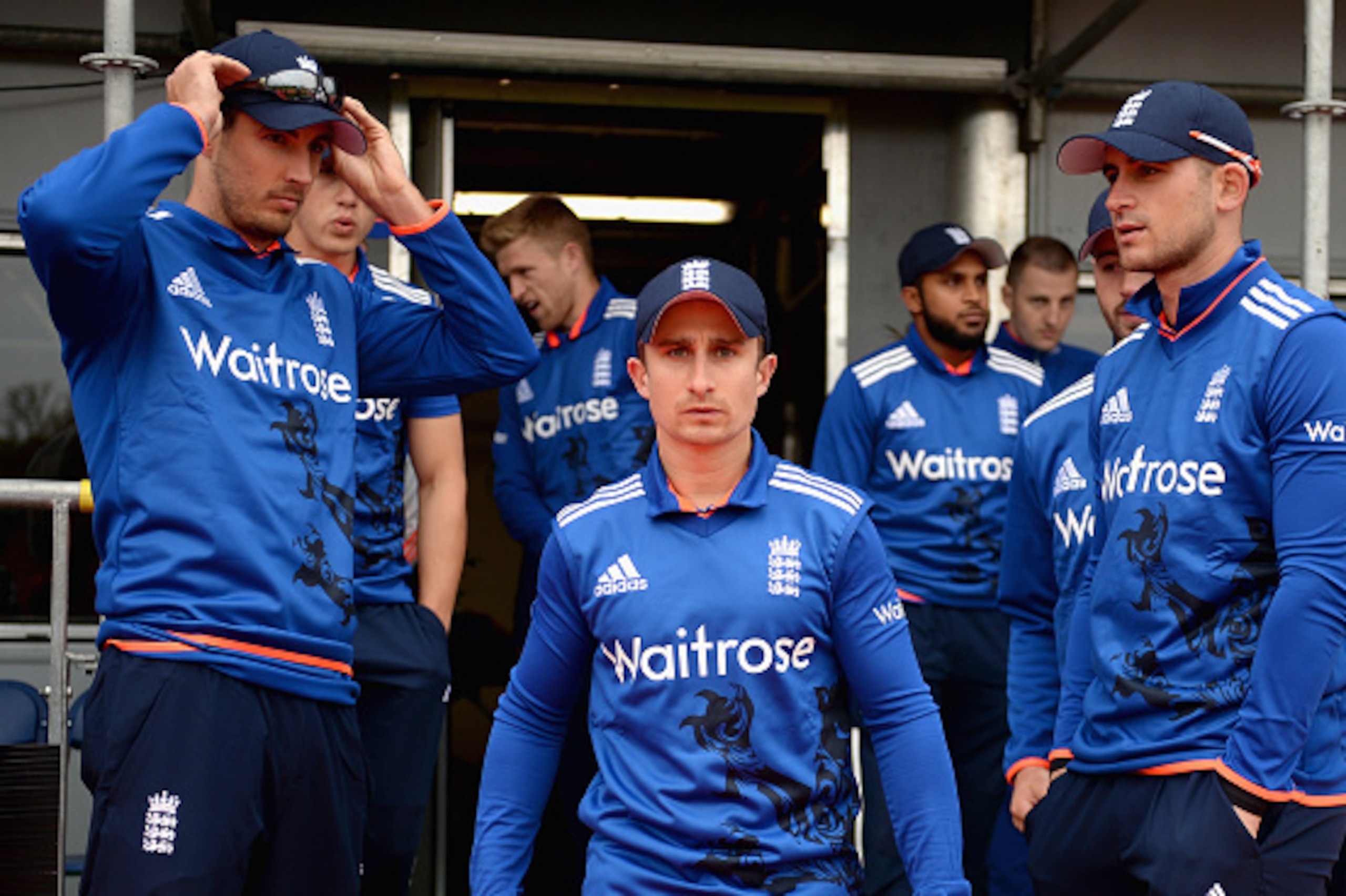 MALAHIDE, IRELAND - MAY 08:  England captain James Taylor leads out his team ahead of the Royal London One Day International between Ireland and England at Malahide Cricket Club on May 8, 2015 in Malahide, Ireland.  (Photo by Gareth Copley/Getty Images)