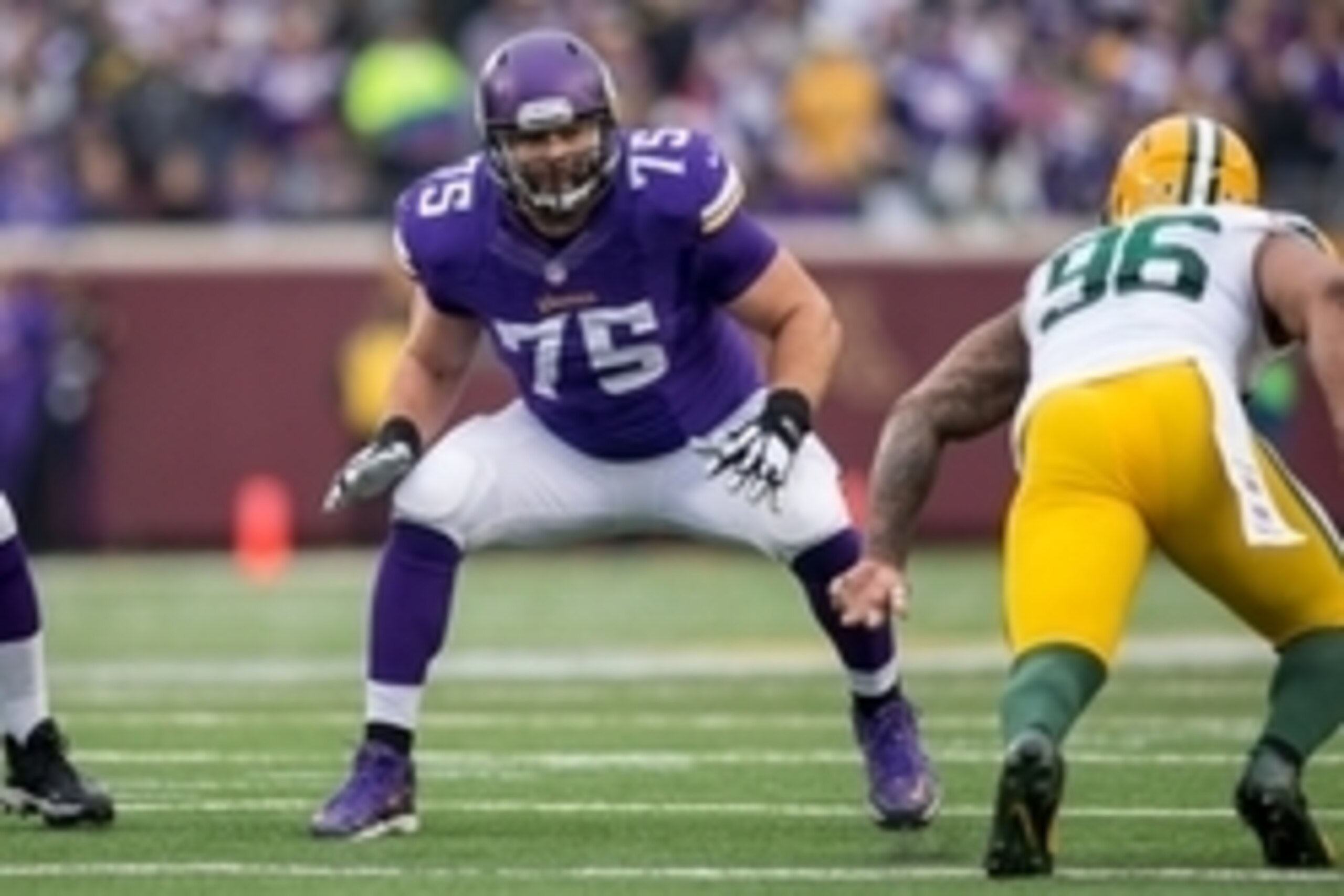Nov 23, 2014; Minneapolis, MN, USA; Minnesota Vikings tackle Matt Kalil (75) blocks against the Green Bay Packers in the second quarter at TCF Bank Stadium. Mandatory Credit: Bruce Kluckhohn-USA TODAY Sports
