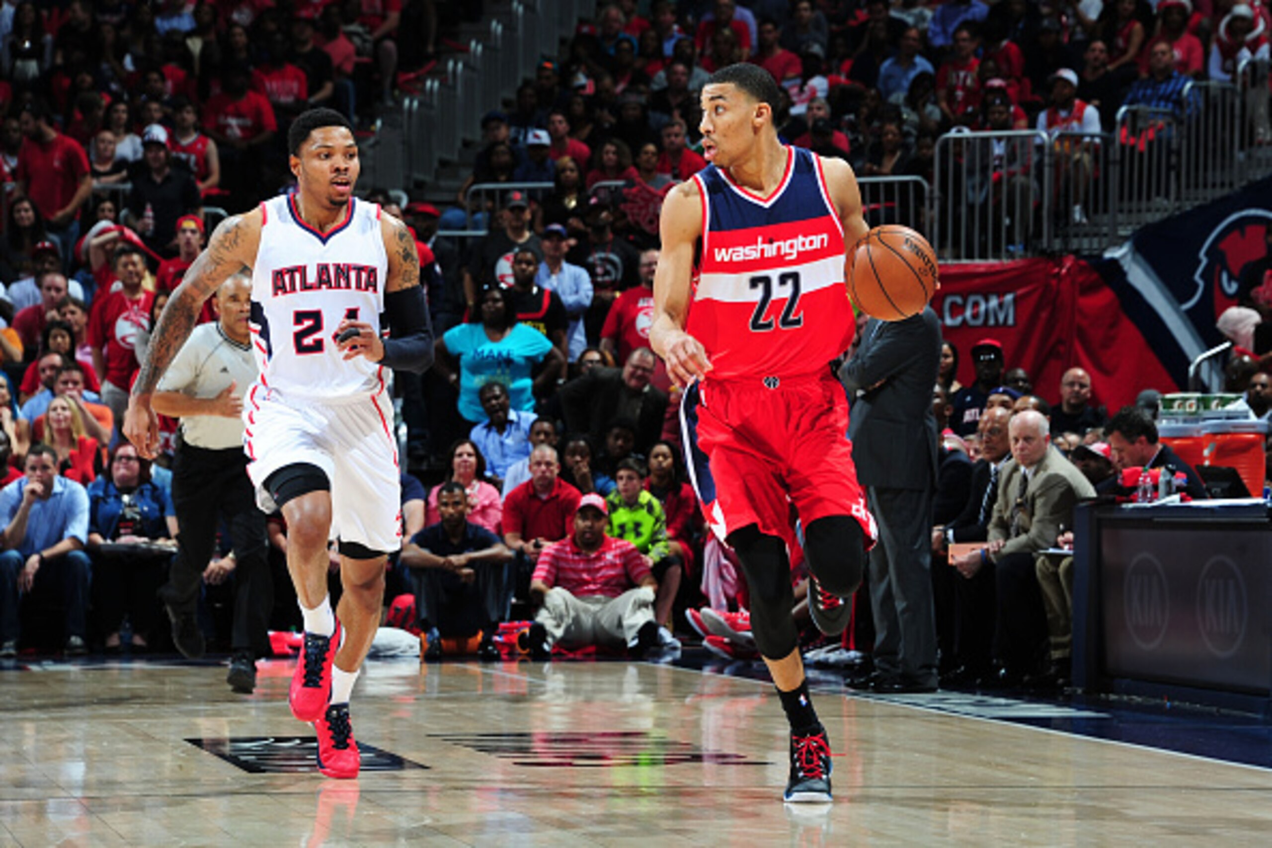 ATLANTA, GA - MAY 5: Otto Porter Jr. #22 of the Washington Wizards handles the ball against the Atlanta Hawks in Game Two of the Eastern Conference Semifinals of the NBA Playoffs on May 5, 2015 at Philips Arena in Atlanta, Georgia.  NOTE TO USER: User exp