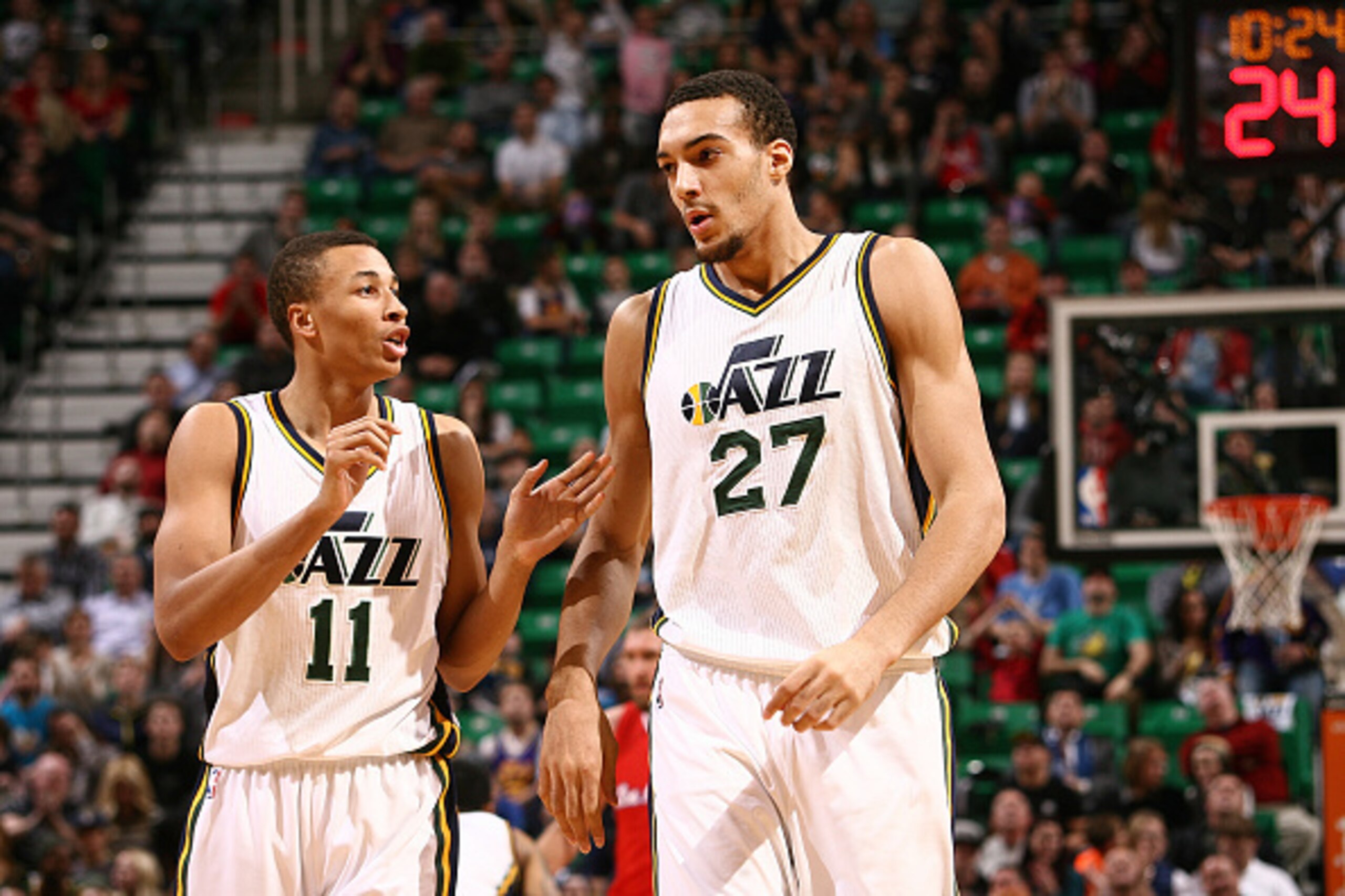 SALT LAKE CITY, UT - JANUARY 28: Dante Exum #11 of the Utah Jazz and Rudy Gobert #27 of the Utah Jazz during the game at EnergySolutions Arena on January 28, 2015 in Salt Lake City, Utah. NOTE TO USER: User expressly acknowledges and agrees that, by downl