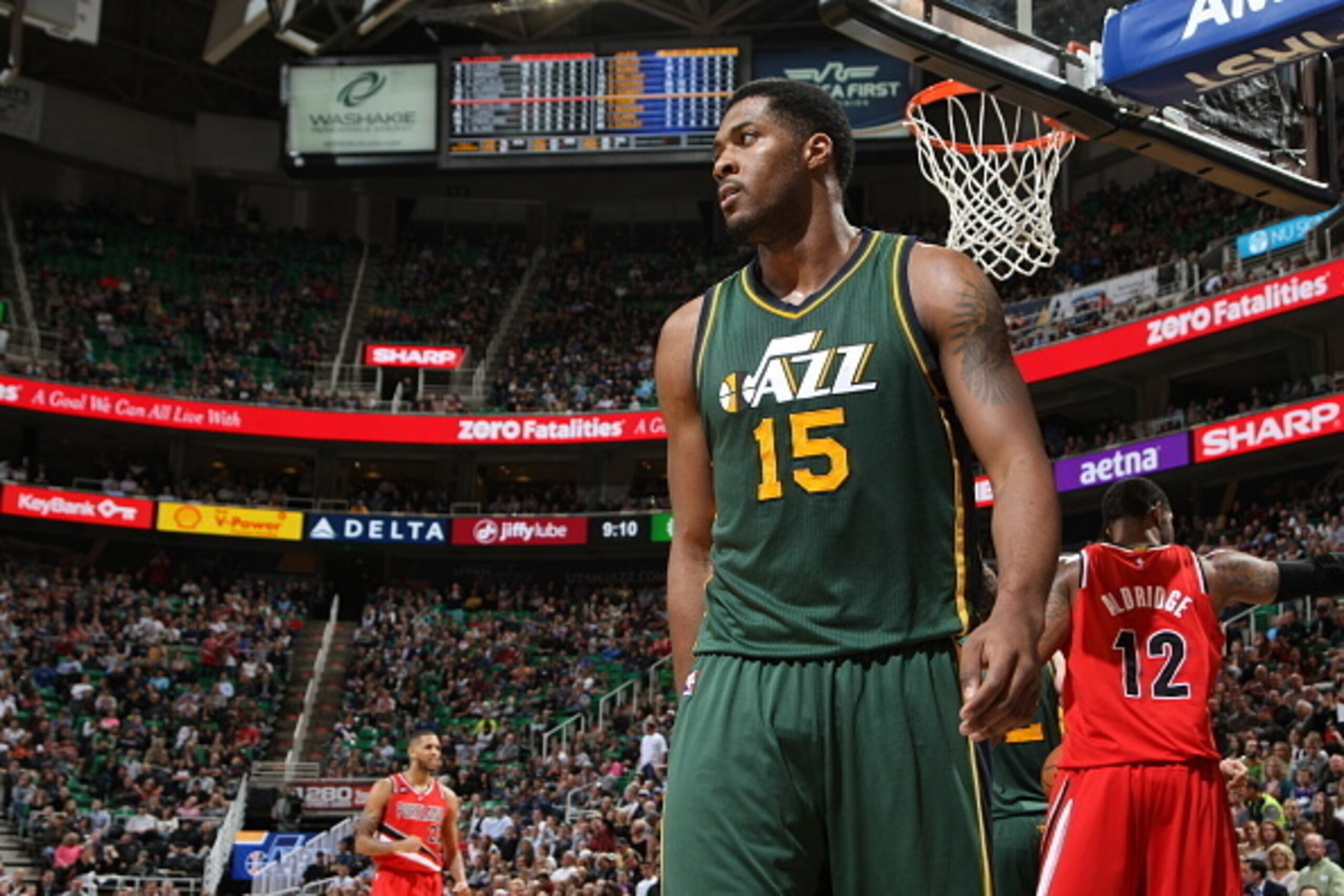 SALT LAKE CITY, UT - MARCH 25:  Derrick Favors #15 of the Utah Jazz during the game against the Portland Trail Blazers on March 25, 2015 at EnergySolutions Arena in Salt Lake City, Utah. NOTE TO USER: User expressly acknowledges and agrees that, by downlo