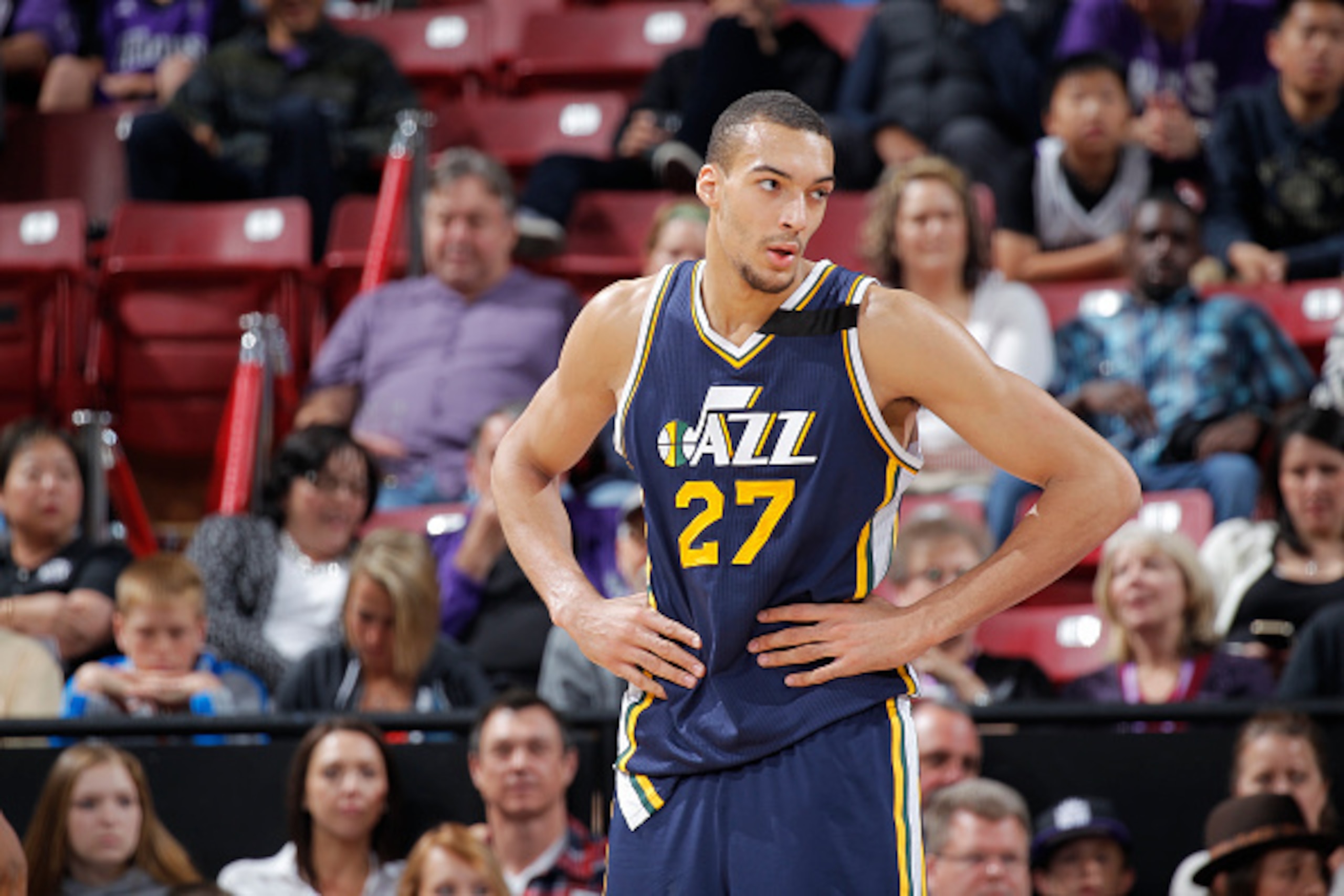 SACRAMENTO, CA - APRIL 5: Rudy Gobert #27 of the Utah Jazz looks on during the game against the Sacramento Kings on April 5, 2015 at Sleep Train Arena in Sacramento, California. NOTE TO USER: User expressly acknowledges and agrees that, by downloading and