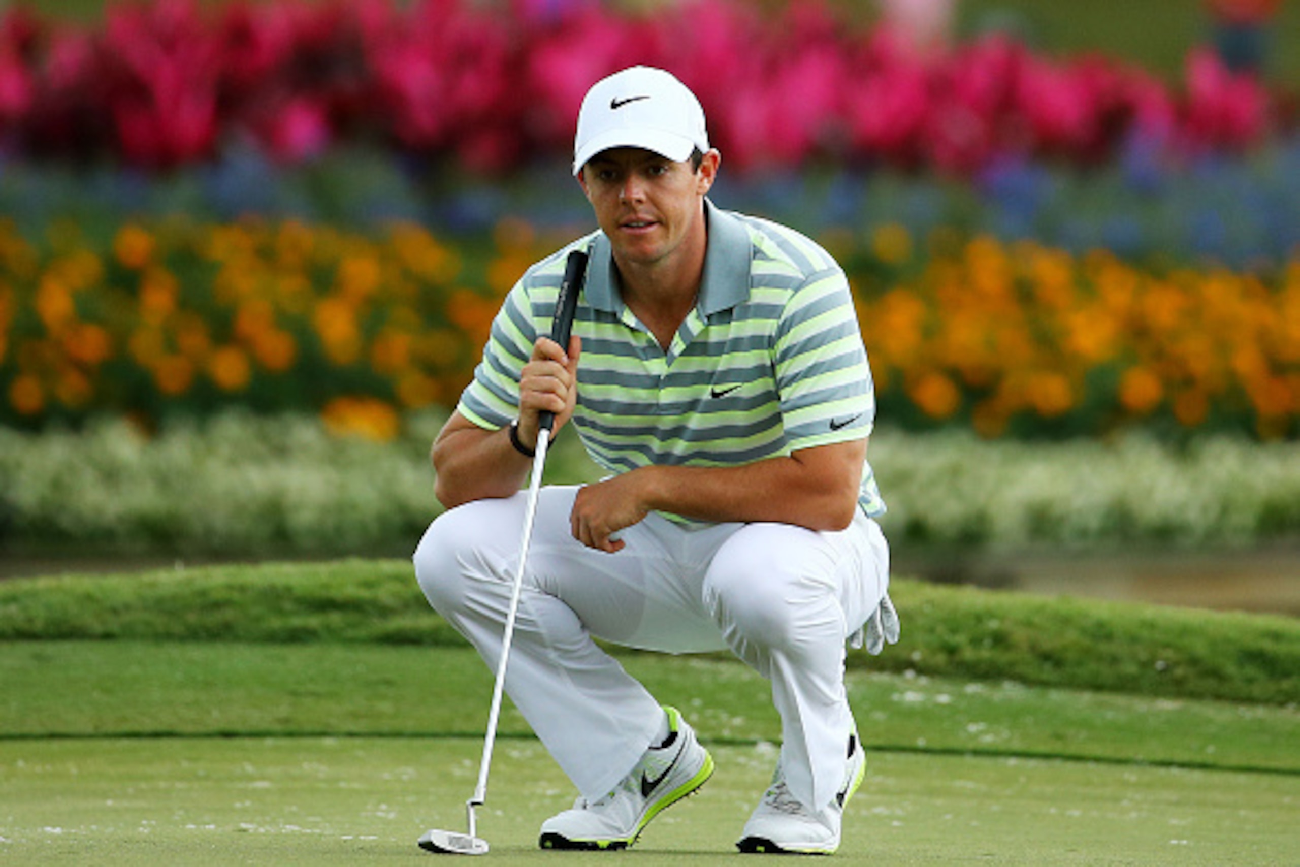 PONTE VEDRA BEACH, FL - MAY 08:  Rory McIlroy of Northern Ireland lines up a putt on the 17th green during round two of THE PLAYERS Championship at the TPC Sawgrass Stadium course on May 8, 2015 in Ponte Vedra Beach, Florida.  (Photo by Richard Heathcote/