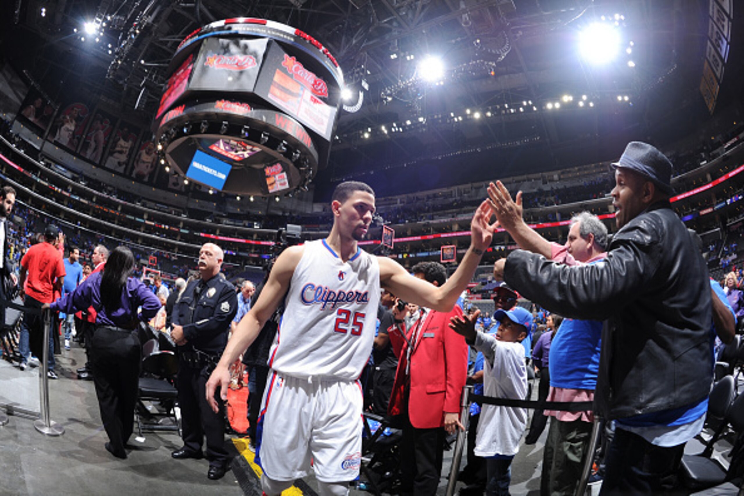 LOS ANGELES, CA - MAY 8:  Austin Rivers #25 of the Los Angeles Clippers celebrates a victory against the Houston Rockets in Game Three of the Western Conference Semifinals during the 2015 NBA Playoffs on May 8, 2015 at STAPLES Center in Los Angeles, Calif