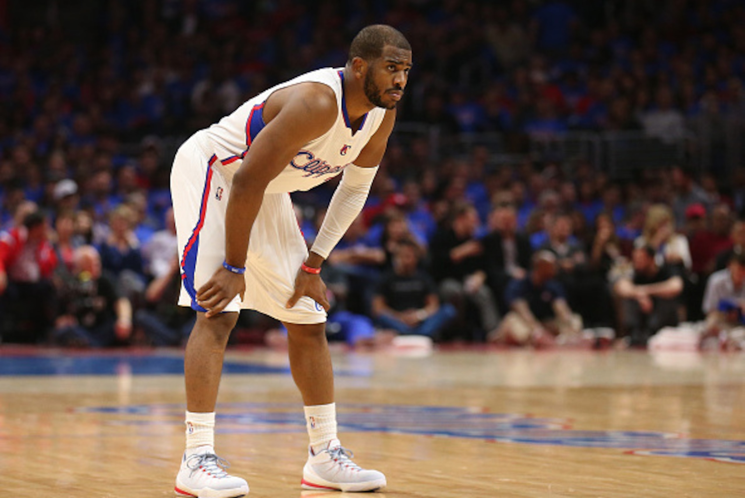 LOS ANGELES, CA - MAY 08: Chris Paul #3 of the Los Angeles Clippers pauses on the court against the Houston Rockets during Game Three of the Western Conference semifinals of the 2015 NBA Playoffs at Staples Center on May 8, 2015 in Los Angeles, California LOS ANGELES, CA - MAY 08: Chris Paul #3 of the Los Angeles Clippers pauses on the court against the Houston Rockets during Game Three of the Western Conference semifinals of the 2015 NBA Playoffs at Staples Center on May 8, 2015 in Los Angeles, California
