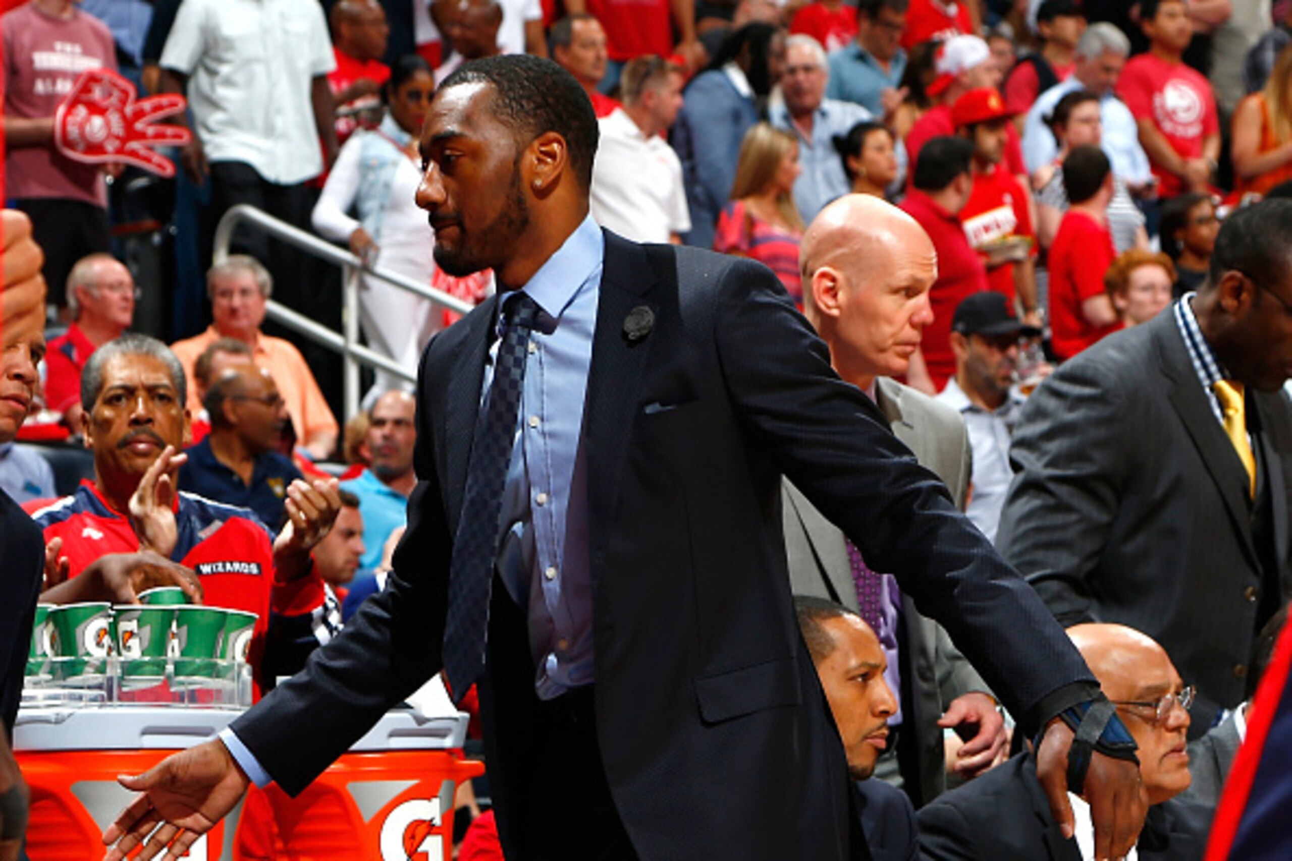 ATLANTA, GA - MAY 05:  John Wall #2 of the Washington Wizards walks the bench prior to Game Two of the Eastern Conference Semifinals of the 2015 NBA Playoffs against the Atlanta Hawks at Philips Arena on May 5, 2015 in Atlanta, Georgia.  NOTE TO USER: Use