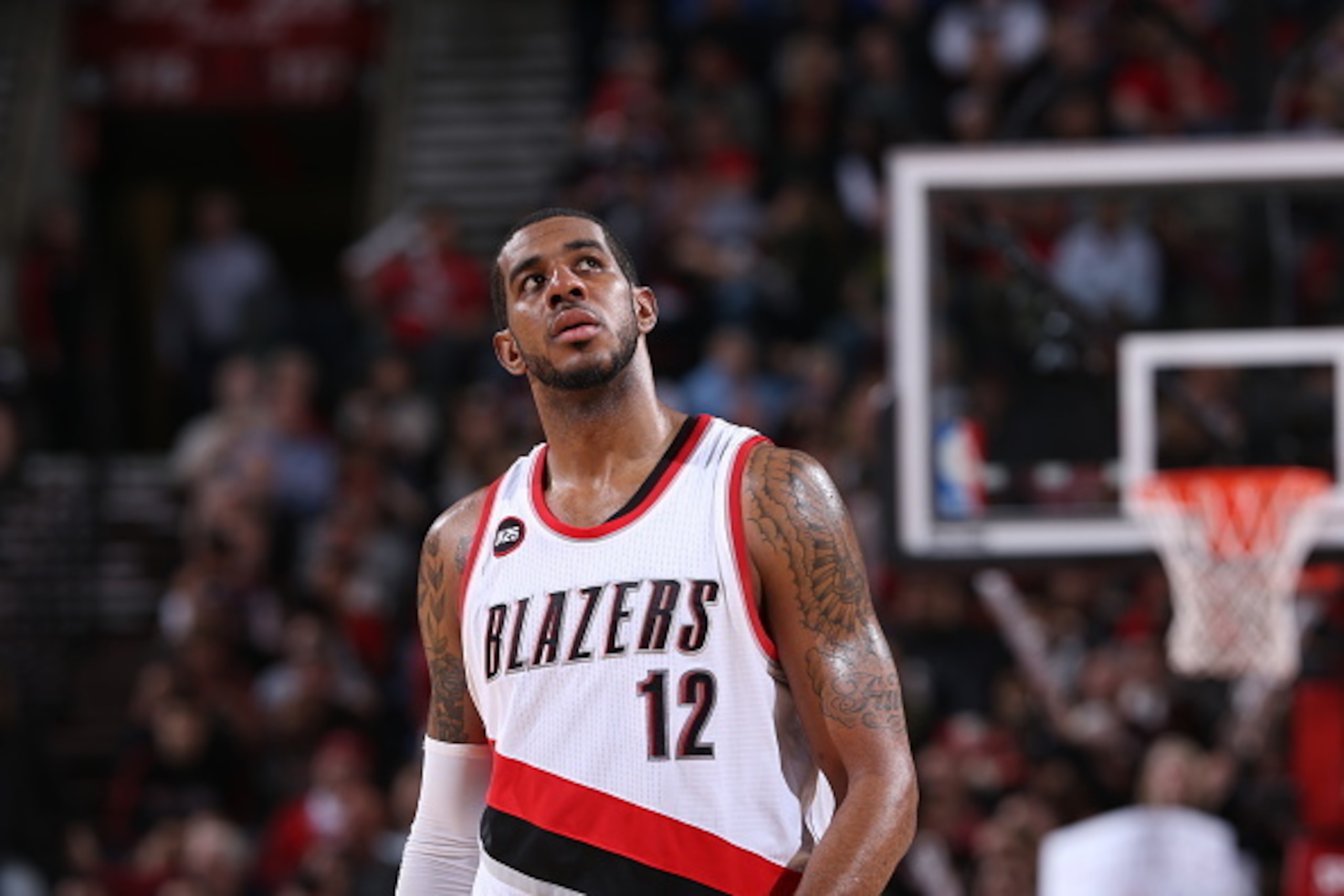 PORTLAND, OR - APRIL 4: LaMarcus Aldridge #12 of the Portland Trail Blazers stands on the court during a game against the New Orleans Pelicans on April 4, 2015 at the Moda Center Arena in Portland, Oregon. NOTE TO USER: User expressly acknowledges and agr