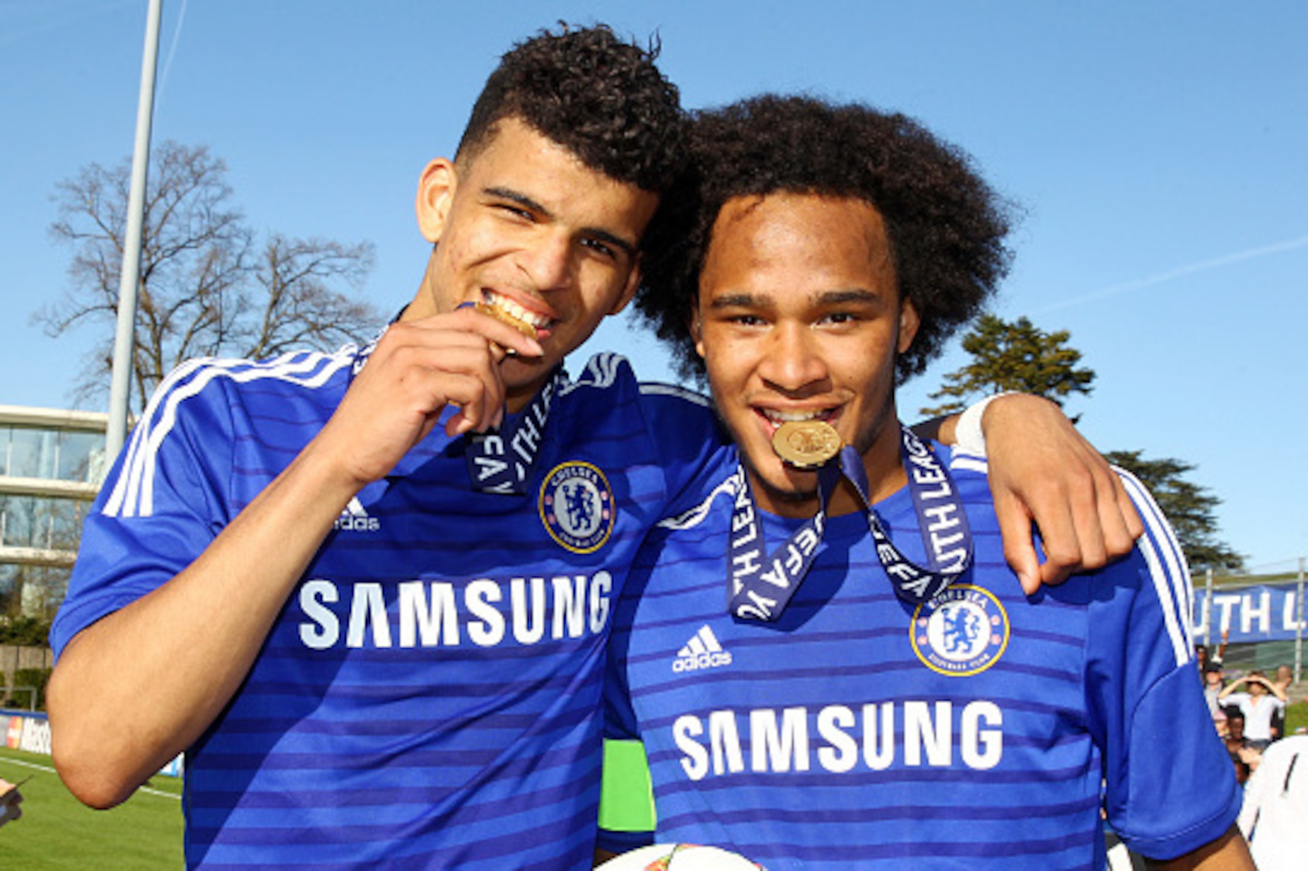 NYON, SWITZERLAND - APRIL 13: Dominic Solanke (L) and Isaiah Brown of Chelsea FC pose with their gold medals after the UEFA Youth League Final match between Shakhtar Donetsk and Chelsea FC at Colovray Stadion on April 13, 2015 in Nyon, Switzerland. (Photo