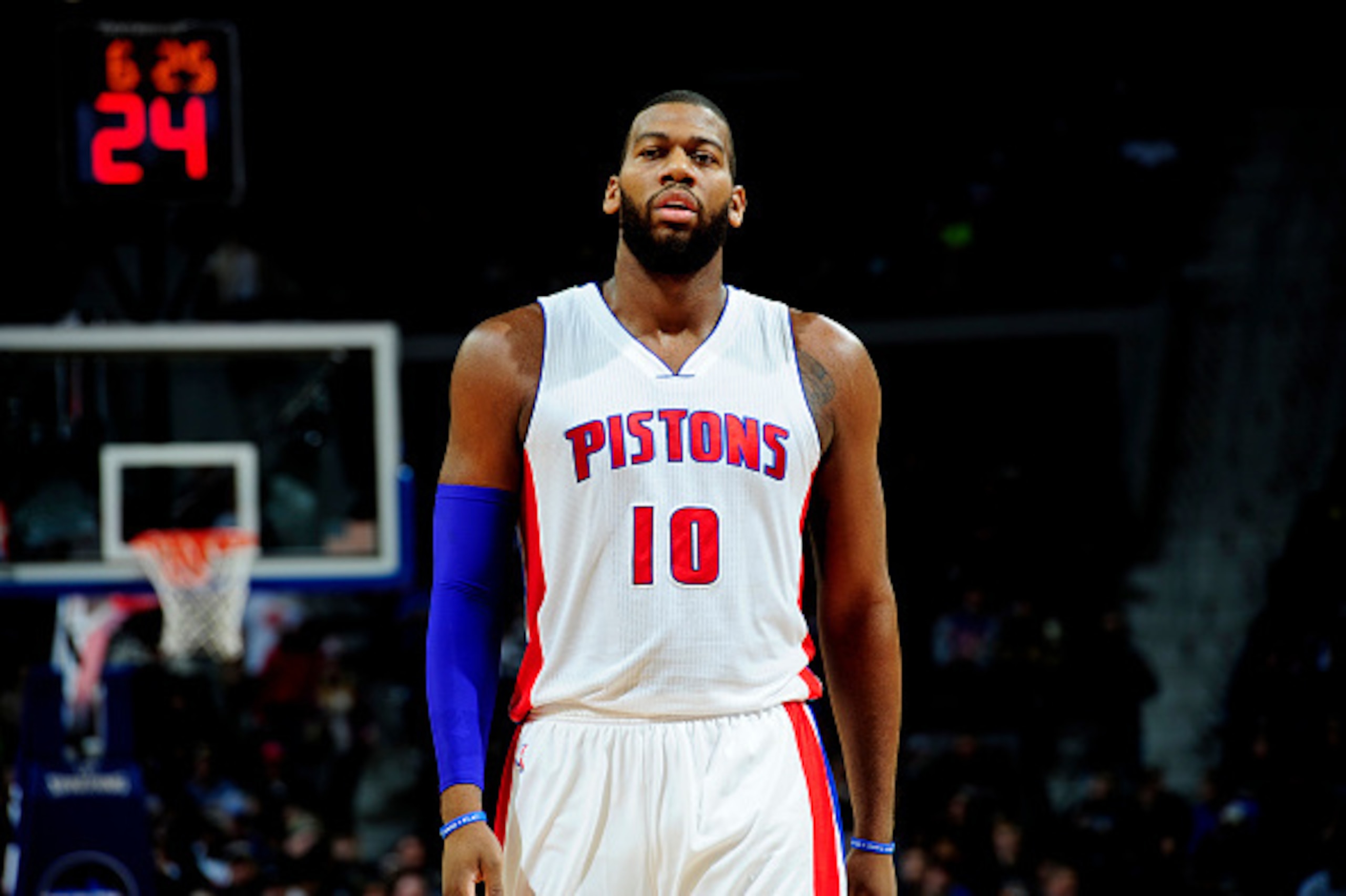 AUBURN HILLS, MI - JANUARY 9: Greg Monroe #10 of the Detroit Pistons stands on the court during a game against the Atlanta Hawks on January 9, 2015 at The Palace of Auburn Hills in Auburn Hills, Michigan. NOTE TO USER: User expressly acknowledges and agre
