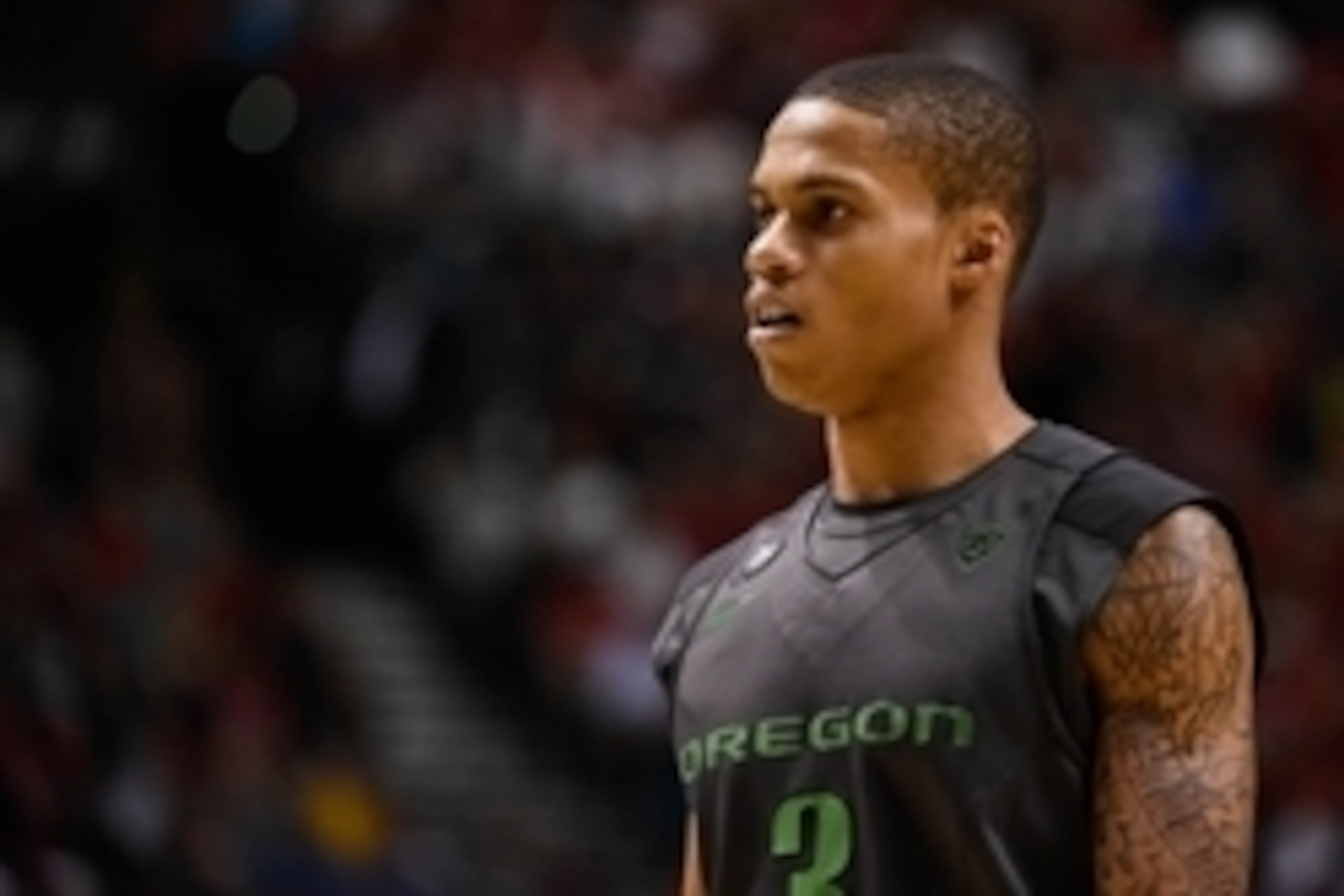 March 14, 2015; Las Vegas, NV, USA; Oregon Ducks guard Joseph Young (3) looks on during the first half in the championship game of the Pac-12 Conference tournament against the Arizona Wildcats at MGM Grand Garden Arena. The Wildcats defeated the Ducks 80-