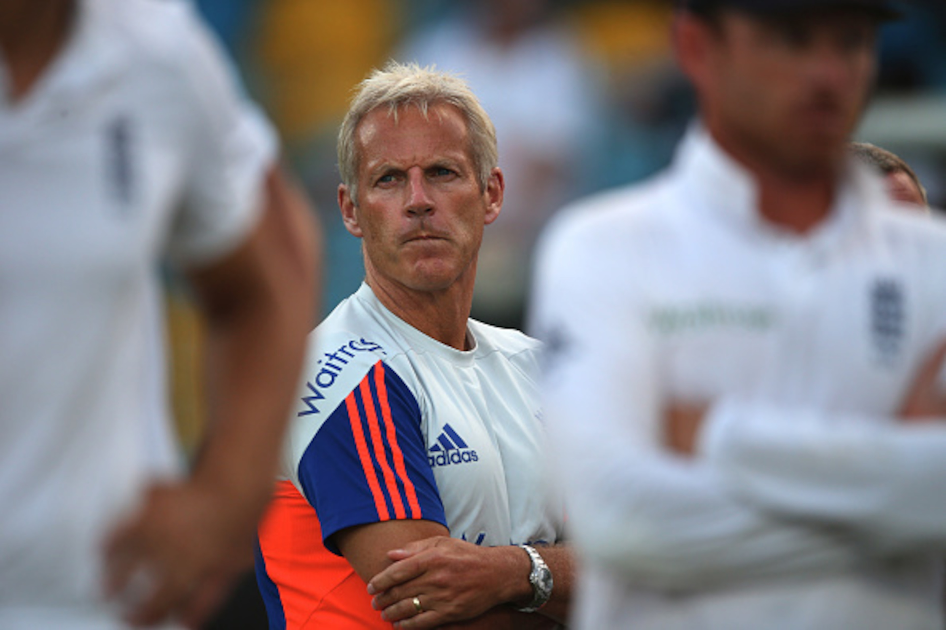 BRIDGETOWN, BARBADOS - MAY 03: Peter Moores the Head Coach of England  looks on at the after match presentations as the series was squared 1-1 after West Indies won the match by five wickets during day three of the 3rd Test match between West Indies and E