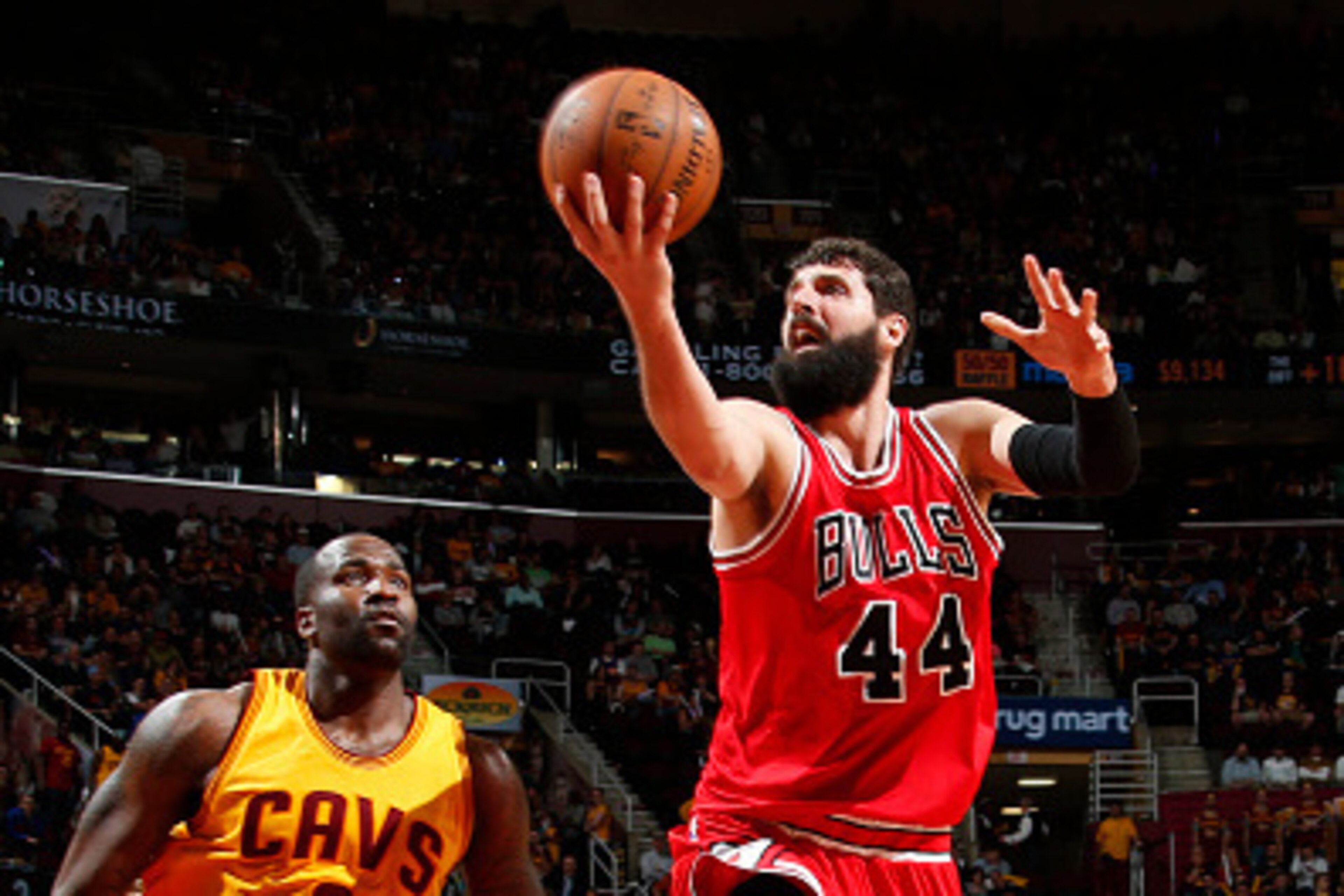 CLEVELAND, OHIO - MAY 6:  Nikola Mirotic #44 of the Chicago Bulls drives to the basket against the Cleveland Cavaliers in Game Two of the Eastern Conference Semifinals during the NBA Playoffs on May 6, 2015 at Quicken Loans Arena in Cleveland, Ohio.  NOTE