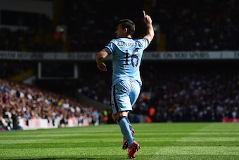 LONDON, ENGLAND - MAY 03:  Sergio Aguero of Manchester City celebrates scoring the opening goal during the Barclays Premier League match between Tottenham Hotspur and Manchester City at White Hart Lane on May 3, 2015 in London, England.  (Photo by Jamie M