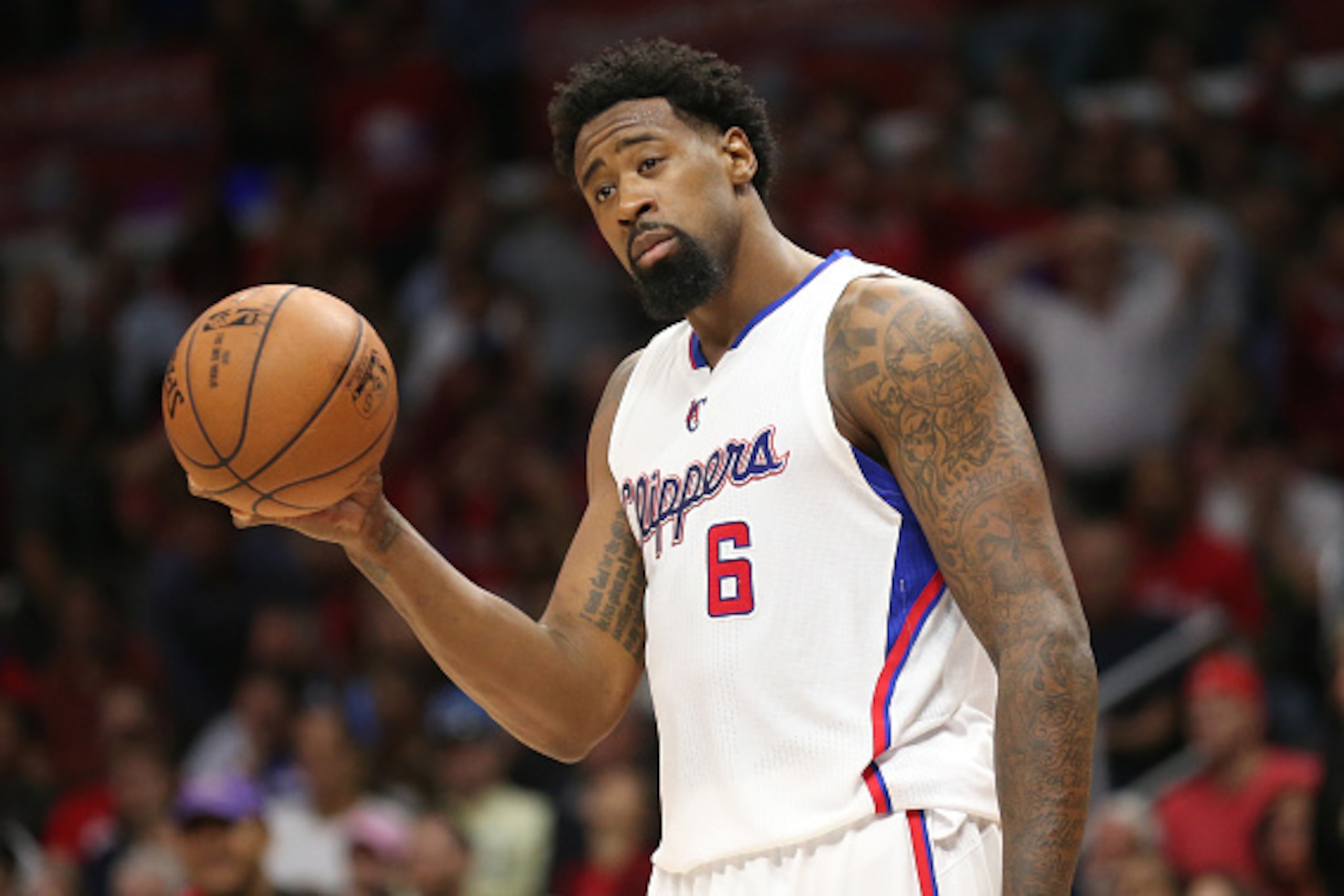 LOS ANGELES, CA - APRIL 28:  DeAndre Jordan #6 of the Los Angeles Clippers reacts after being called for a foul against the San Antonio Spurs during Game Five of the Western Conference quarterfinals of the 2015 NBA Playoffs at Staples Center on April 28, 