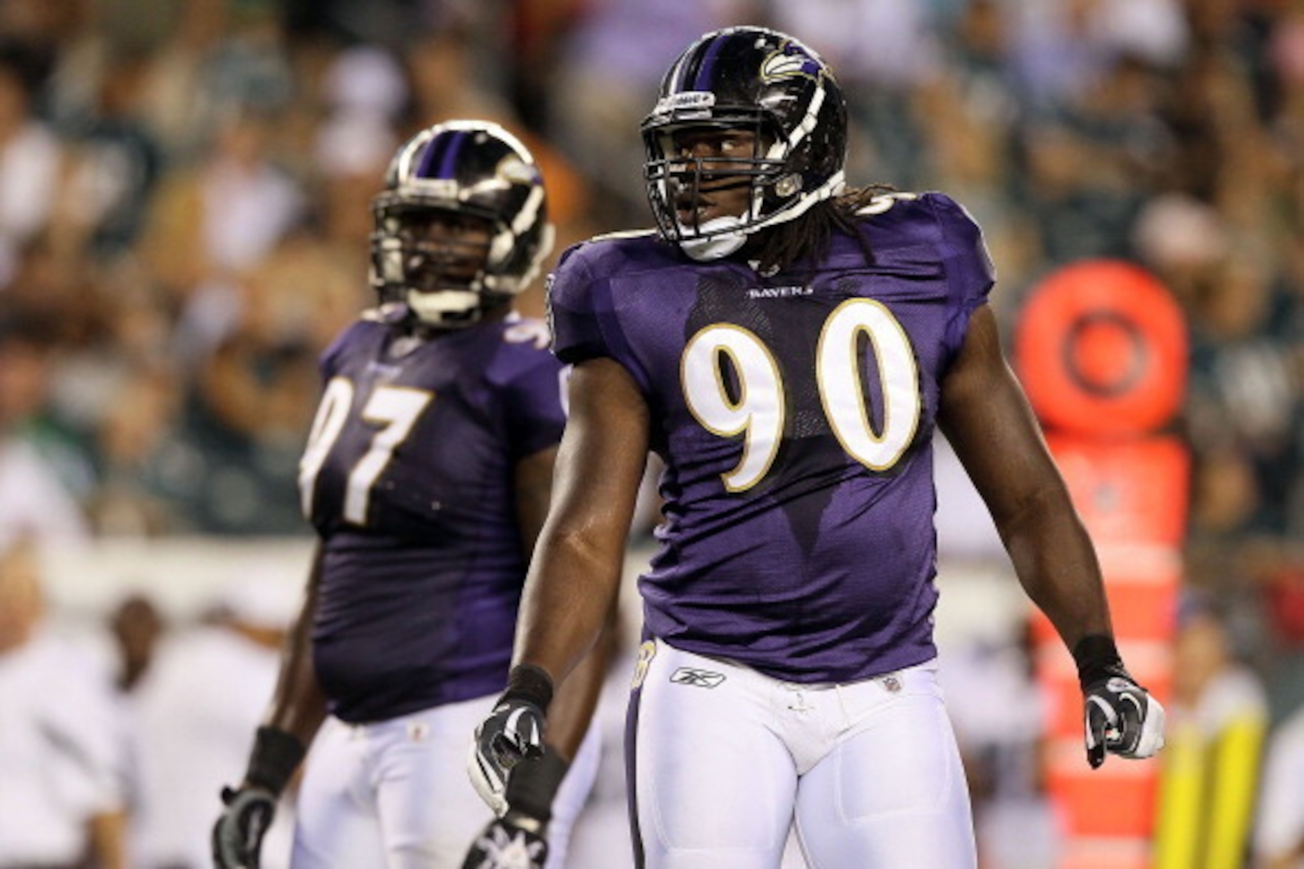 PHILADELPHIA, PA - AUGUST 11:  Pernell McPhee #90 of the Baltimore Ravens in action against the Philadelphia Eagles during their pre season game on August 11, 2011 at Lincoln Financial Field in Philadelphia, Pennsylvania.  (Photo by Jim McIsaac/Getty Imag