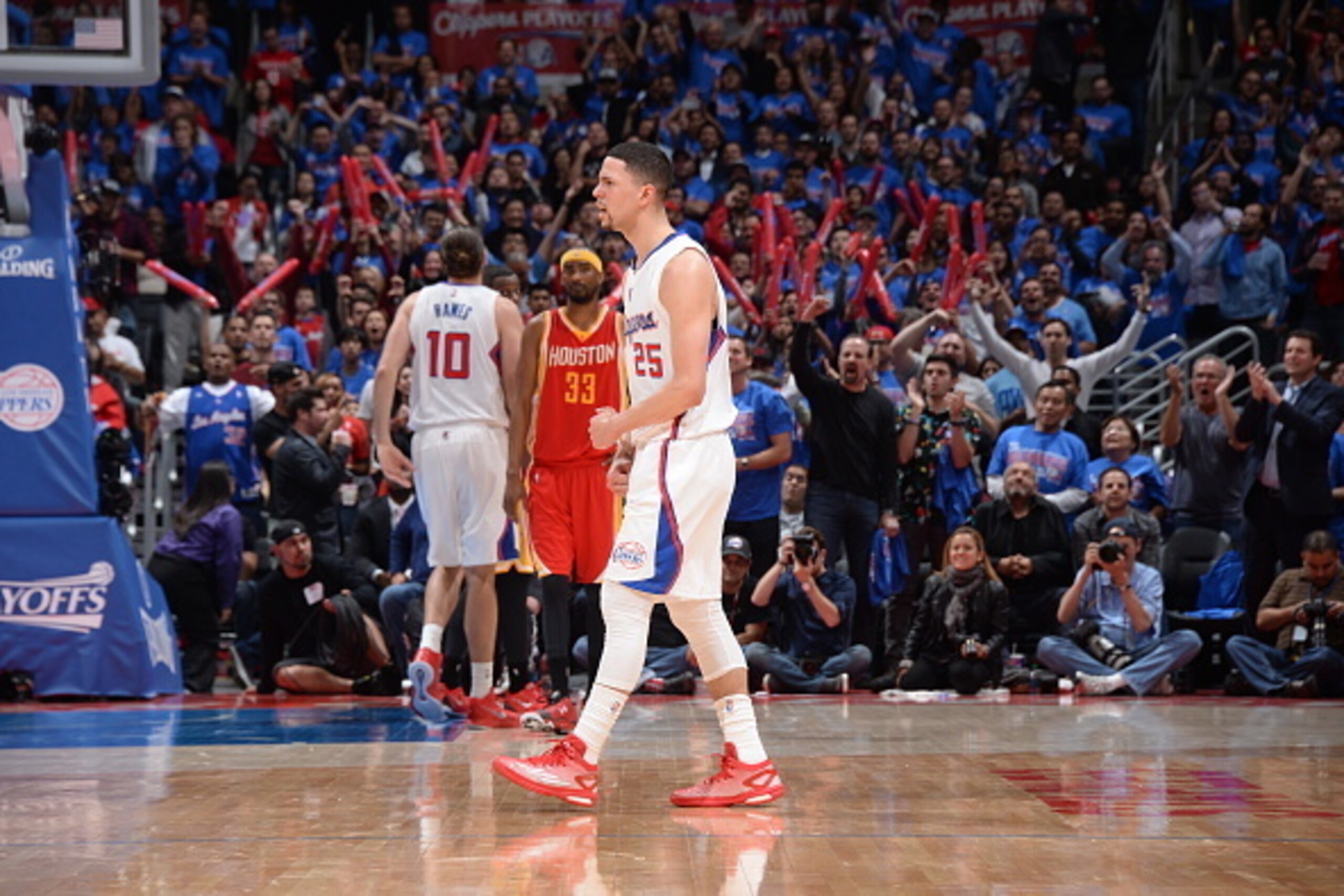 LOS ANGELES, CA - MAY 8:  Austin Rivers #25 of the Los Angeles Clippers celebrates in Game Three of the Western Conference Semifinals against the Houston Rockets during the 2015 NBA Playoffs on May 8, 2015 at STAPLES Center in Los Angeles, California. NOT