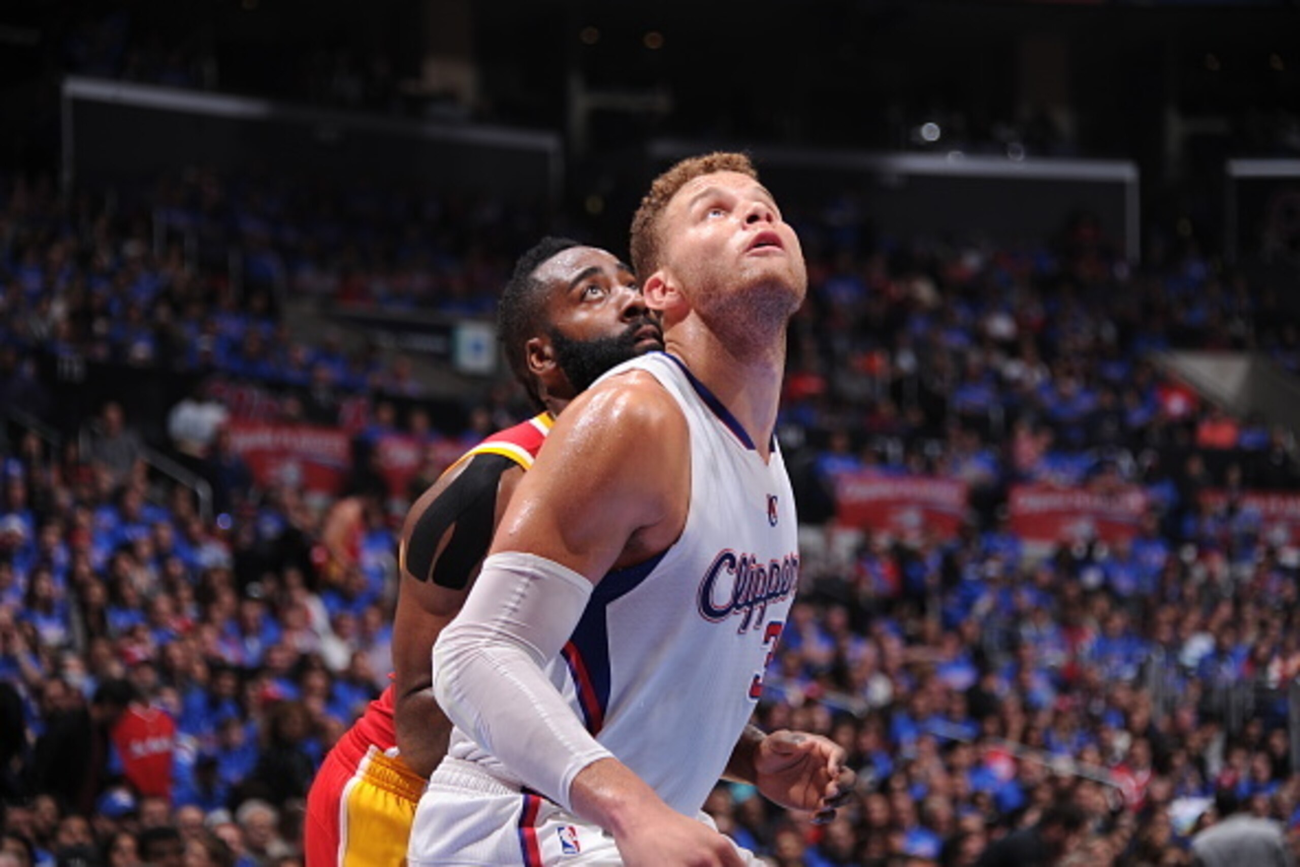 LOS ANGELES, CA - MAY 8:  Blake Griffin #32 of the Los Angeles Clippers boxes out against James Harden #13 of the Houston Rockets in Game Three of the Western Conference Semifinals during the 2015 NBA Playoffs on May 8, 2015 at STAPLES Center in Los Angel
