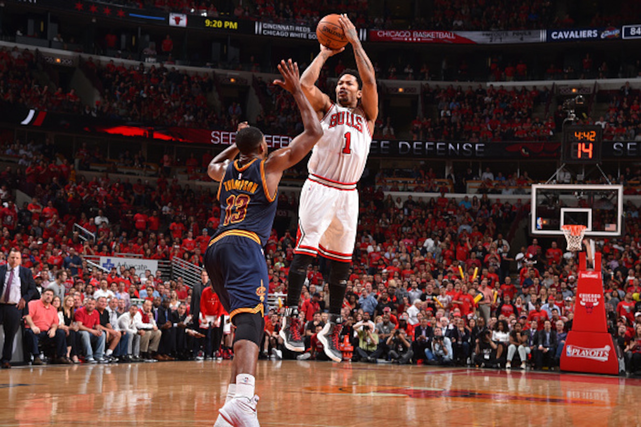 CHICAGO,IL :  Derrick Rose #1 of the Chicago Bulls shoots the ball against the Cleveland Cavaliers at the United Center During Game Two of the Eastern Conference Semifinals during the 2015 NBA Playoffs on May 8, 2015 in Chicago,Illinois NOTE TO USER: User