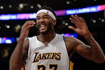 LOS ANGELES, CA - FEBRUARY 22:  Jordan Hill #27 of the Los Angeles Lakers reacts as he is called for a foul during the game against the Boston Celtics at Staples Center on February 22, 2015 in Los Angeles, California.  NOTE TO USER: User expressly acknowl