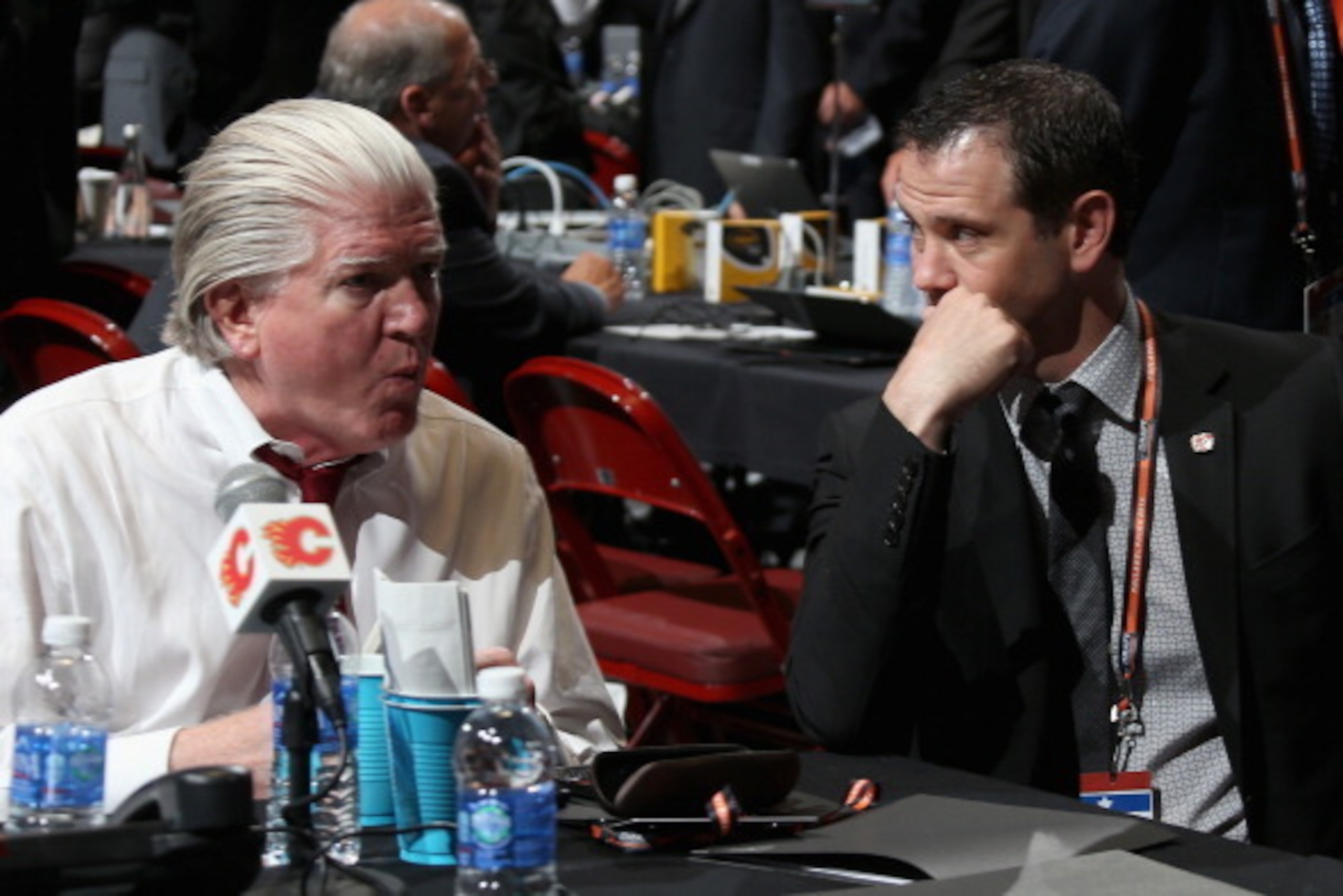 PHILADELPHIA, PA - JUNE 27: Brian Burke (L) President of Hockey Operations for the Calgary Flames, is seen prior to the start of the first round of the 2014 NHL Draft at the Wells Fargo Center on June 27, 2014 in Philadelphia, Pennsylvania.  (Photo by Bru