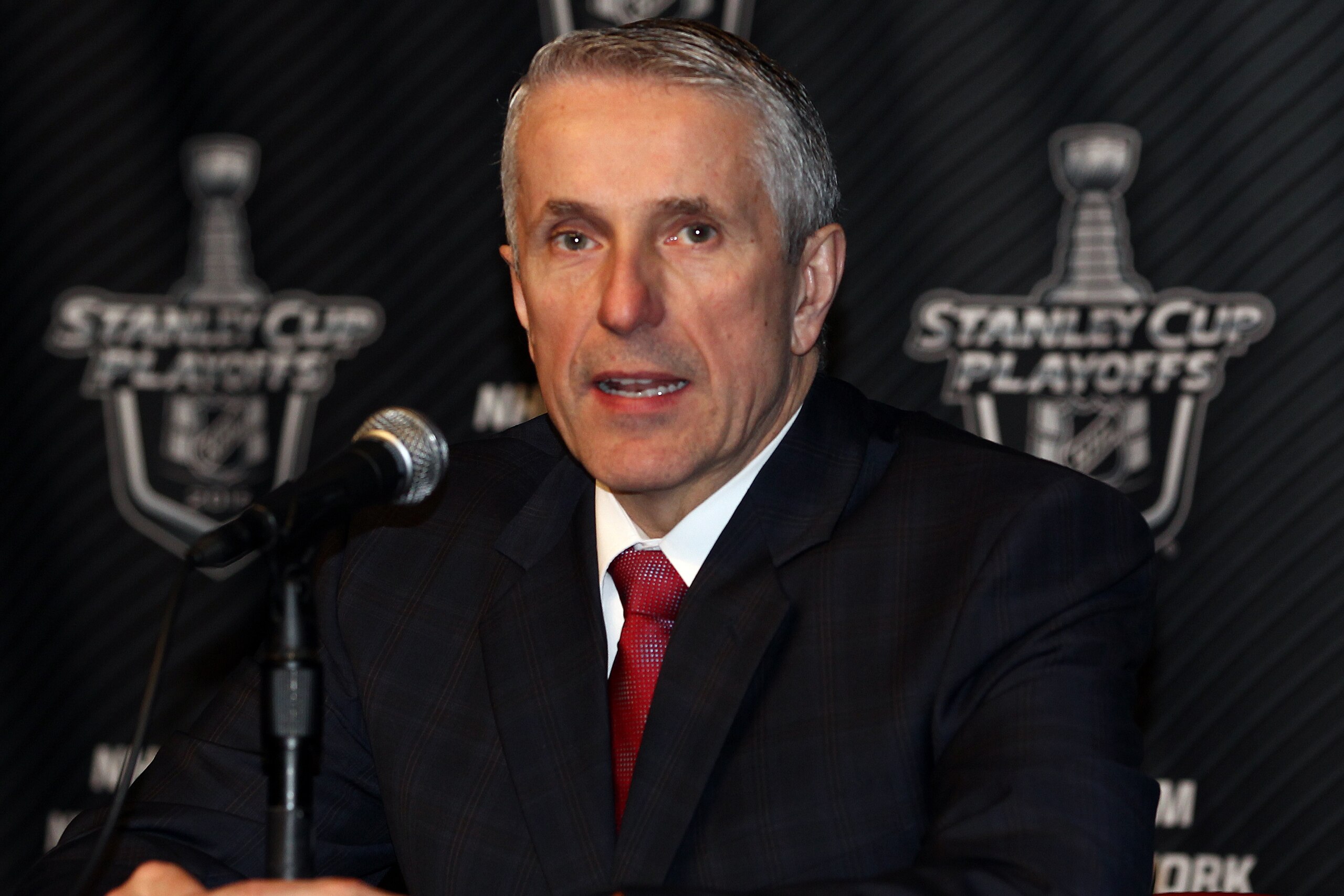 ANAHEIM, CA - MAY 3:  Head coach Bob Hartley of the Calgary Flames talks to the media after Game Two of the Western Conference Semifinals against the Anaheim Ducks during the 2015 NHL Stanley Cup Playoffs at Honda Center on May 3, 2015 in Anaheim, Califor