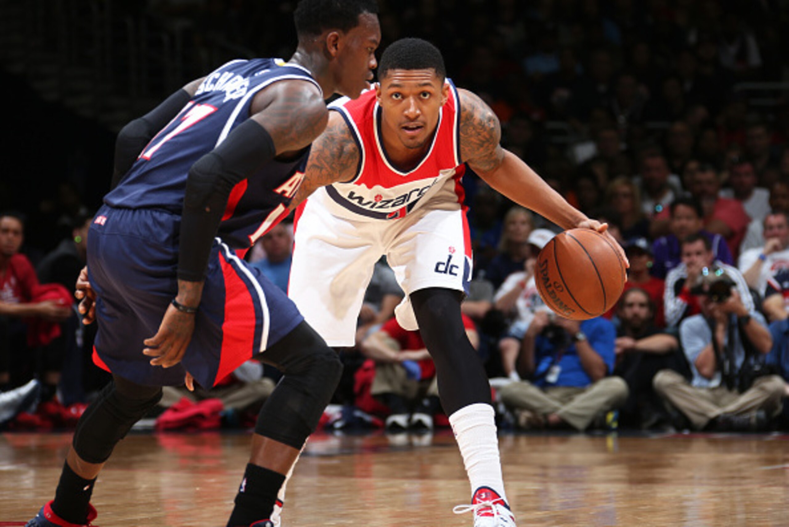 WASHINGTON, DC - MAY 9: Bradley Beal #3 of the Washington Wizards handles the ball against the Atlanta Hawks in Game Three of the Eastern Conference Semifinals of the 2015 NBA Playoffs at the Verizon Center on May 9, 2015 in Washington, DC. NOTE TO USER: 