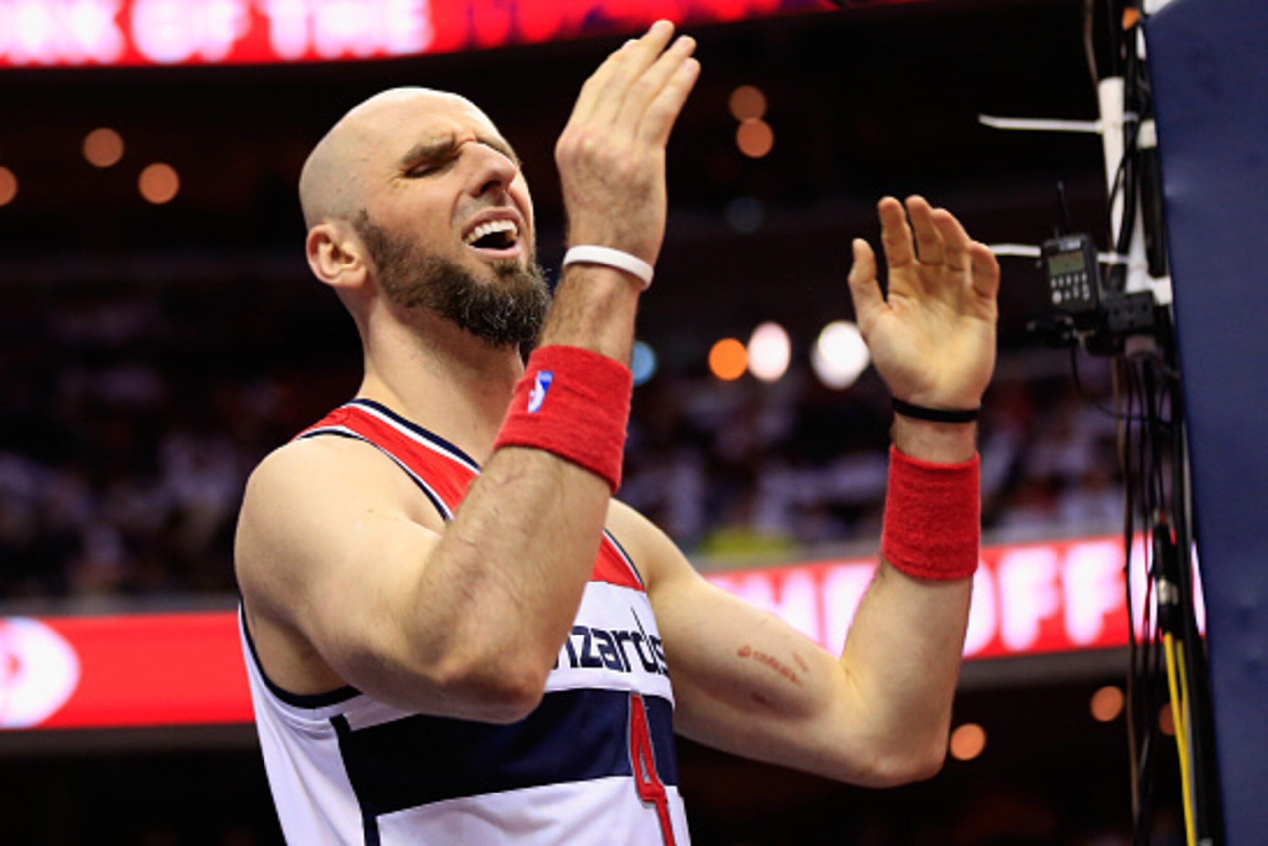 WASHINGTON, DC - MAY 09: Marcin Gortat #4 of the Washington Wizards reacts to a foul call against the Atlanta Hawks in the second half of Game Three of the Eastern Conference Semifinals of the 2015 NBA Playoffs at Verizon Center on May 9, 2015 in Washingt