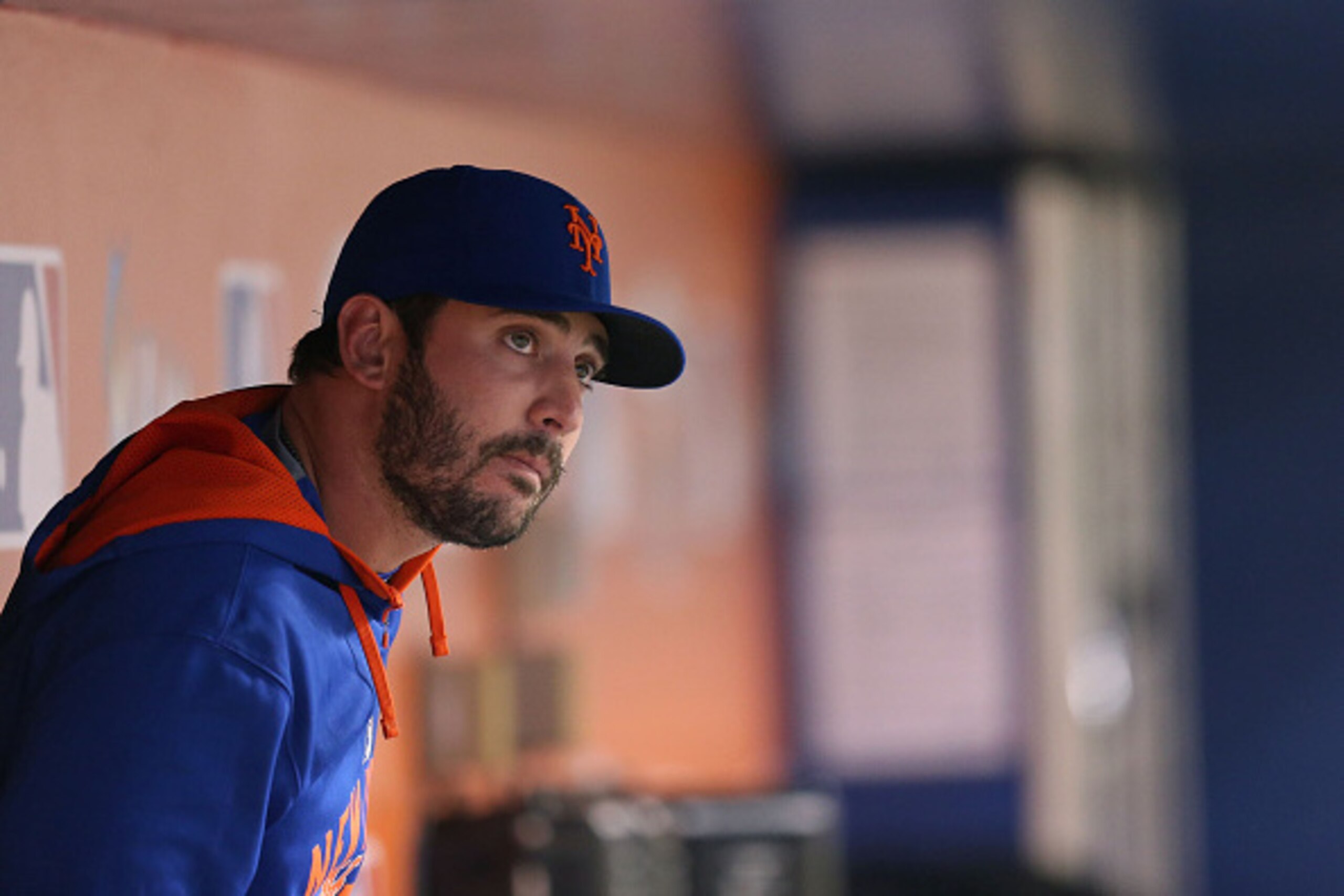 MIAMI, FL - APRIL 27:  Matt Harvey #33 of the New York Mets looks on from the dugout during the seventh inning of the game against the Miami Marlins at Marlins Park on April 27, 2015 in Miami, Florida.  (Photo by Rob Foldy/Getty Images)