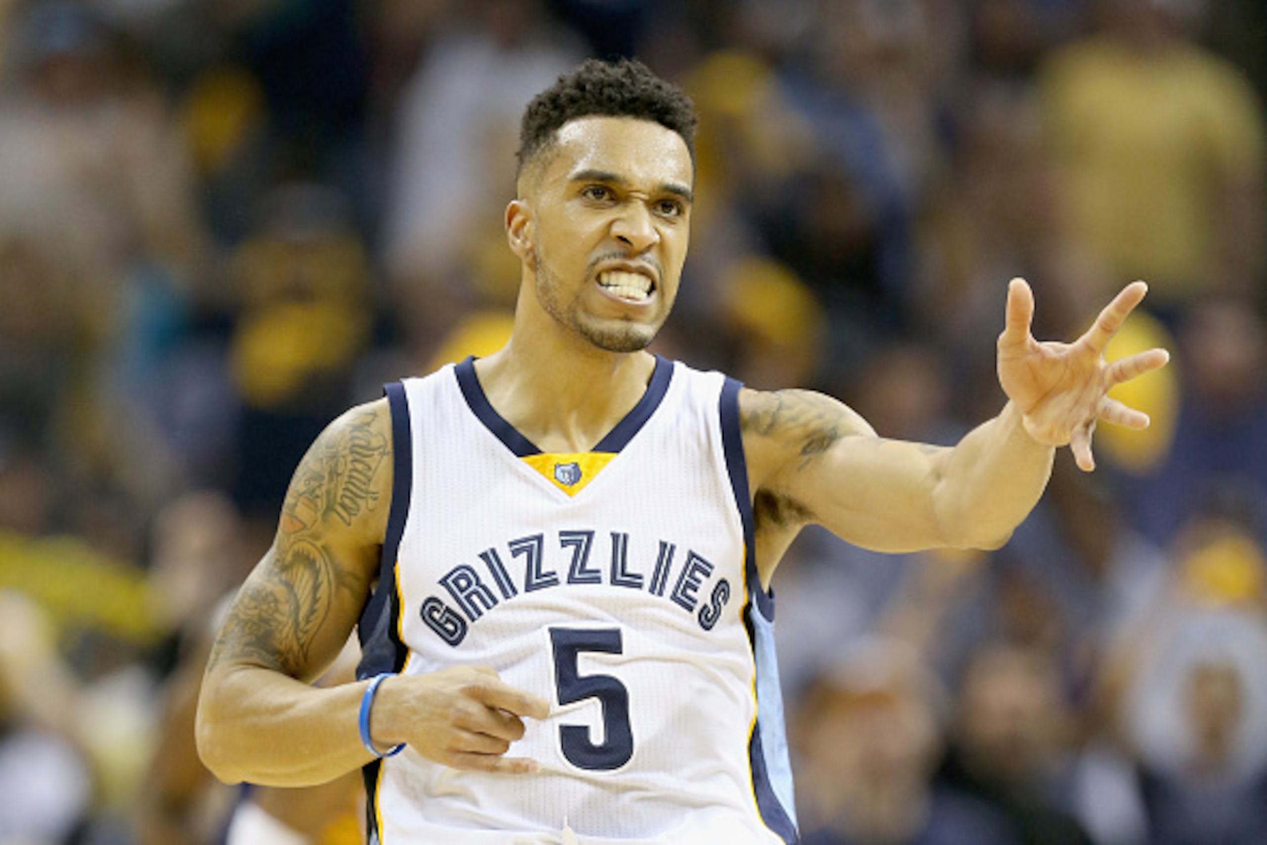 MEMPHIS, TN - MAY 09:  Courtney Lee #5 of the Memphis Grizzlies celebrates after making a basket against the Golden State Warriors during Game three of the Western Conference Semifinals of the 2015 NBA Playoffs at FedExForum on May 9, 2015 in Memphis, Ten