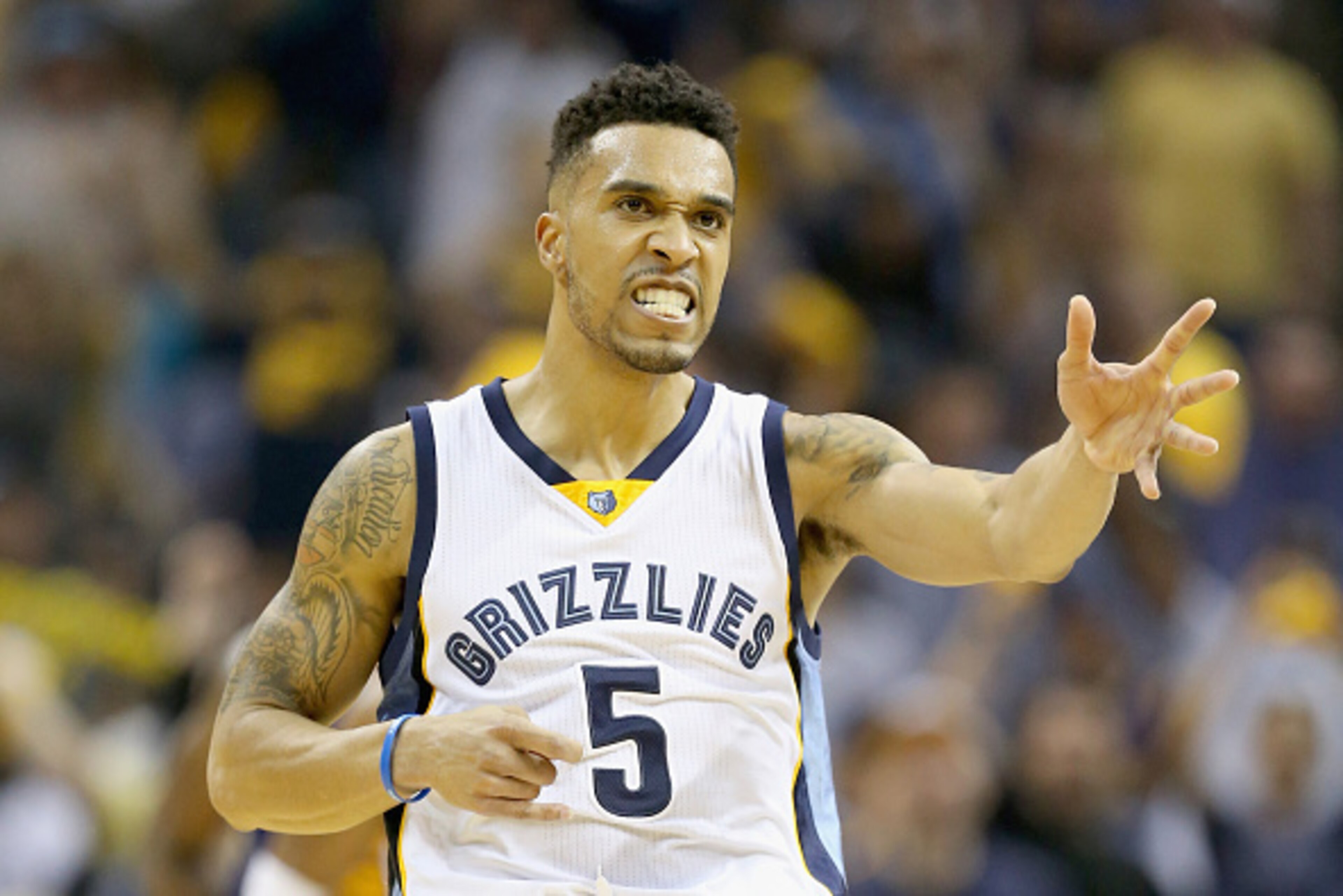 MEMPHIS, TN - MAY 09:  Courtney Lee #5 of the Memphis Grizzlies celebrates after making a basket against the Golden State Warriors during Game three of the Western Conference Semifinals of the 2015 NBA Playoffs at FedExForum on May 9, 2015 in Memphis, Ten