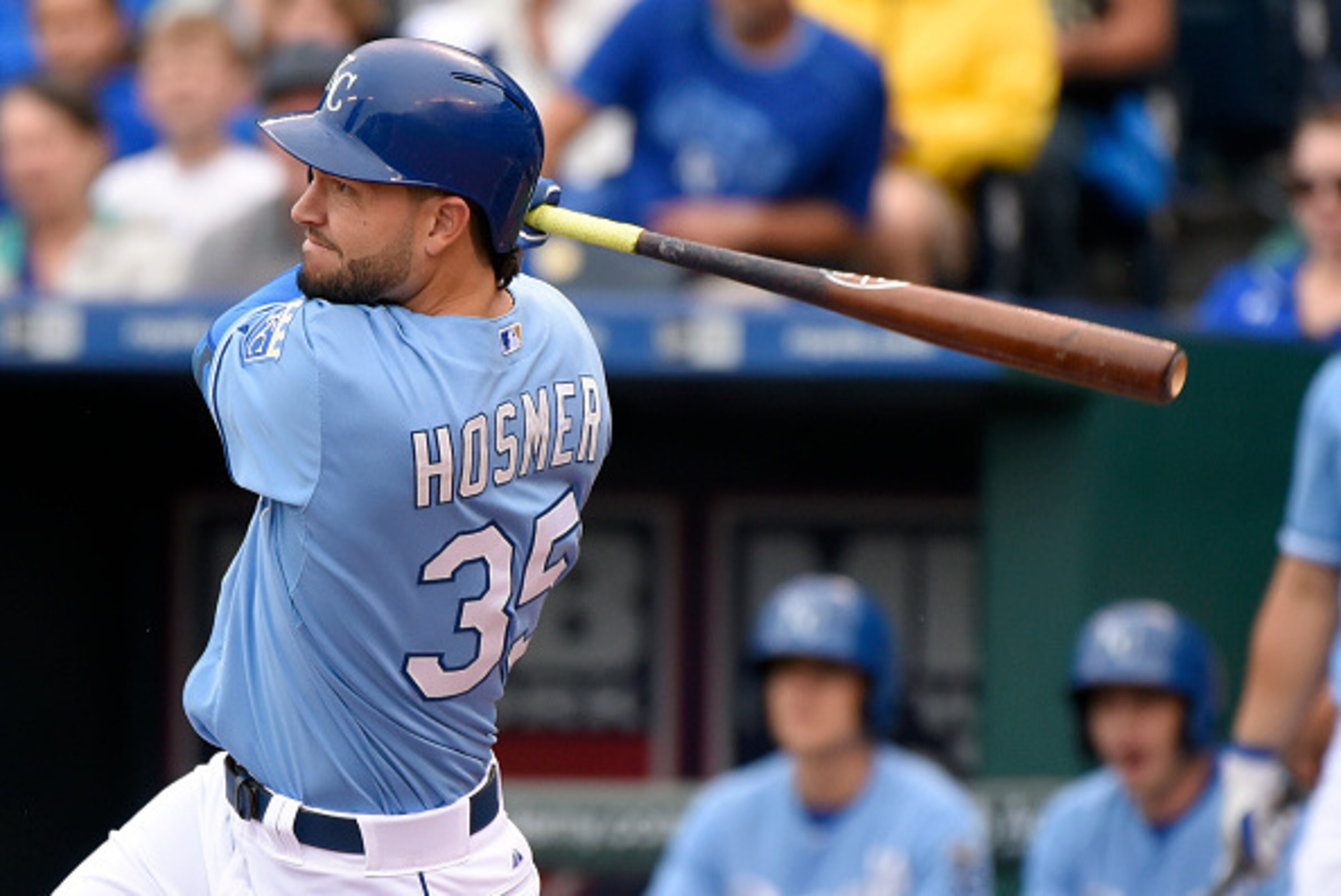 KANSAS CITY, MO - MAY 7: Eric Hosmer #35 of the Kansas City Royals hits a three-run home run in the first inning against the Cleveland Indians at Kauffman Stadium on May 7, 2015 in Kansas City, Missouri. (Photo by Ed Zurga/Getty Images) KANSAS CITY, MO - MAY 7: Eric Hosmer #35 of the Kansas City Royals hits a three-run home run in the first inning against the Cleveland Indians at Kauffman Stadium on May 7, 2015 in Kansas City, Missouri. (Photo by Ed Zurga/Getty Images)