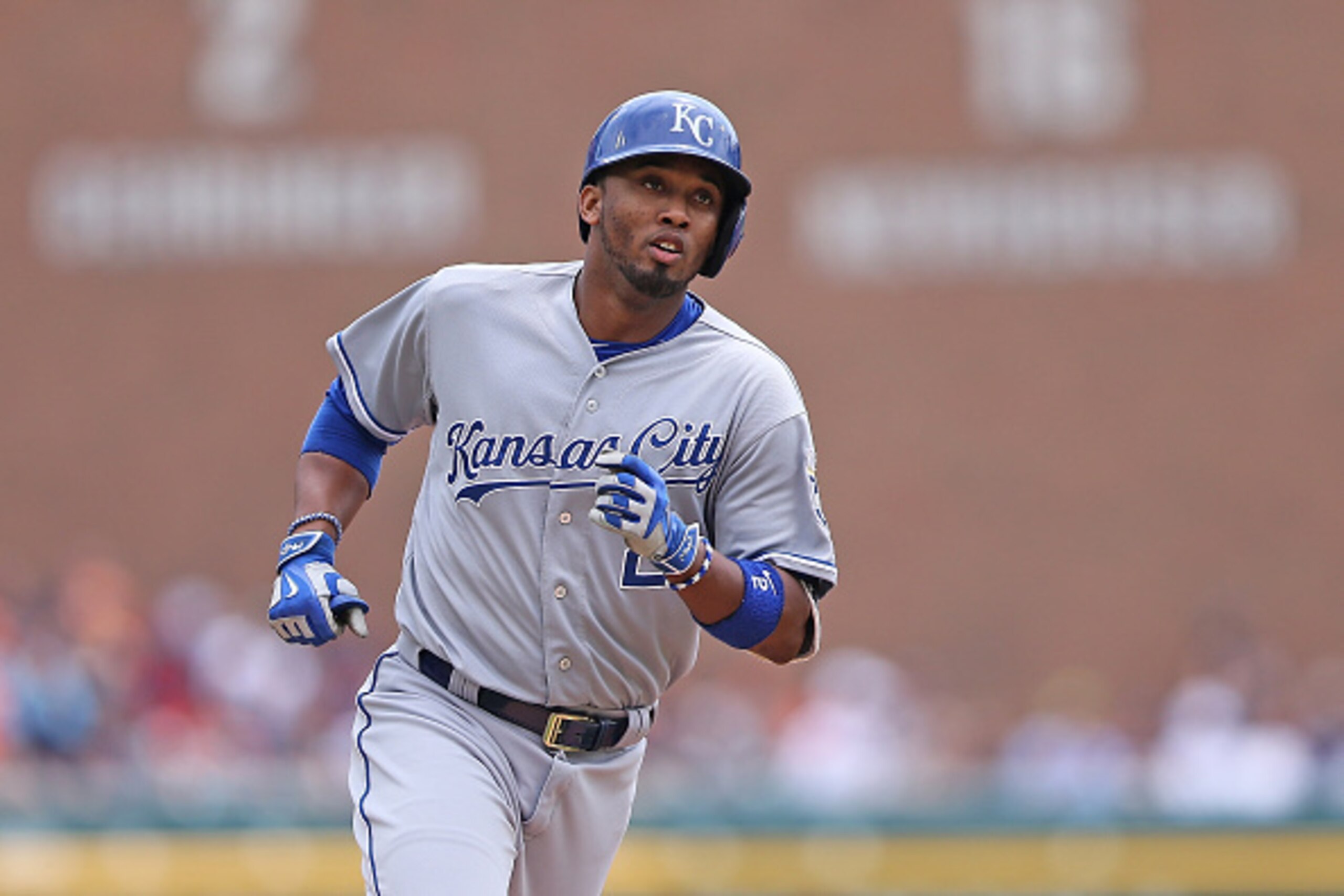 DETROIT, MI - MAY 09: Alcides Escobar #2 of the Kansas City Royals rounds third base after hitting a lead off home run to left field to start the game against the Detroit Tigers on May 9, 2015 at Comerica Park in Detroit, Michigan. (Photo by Leon Halip/Ge