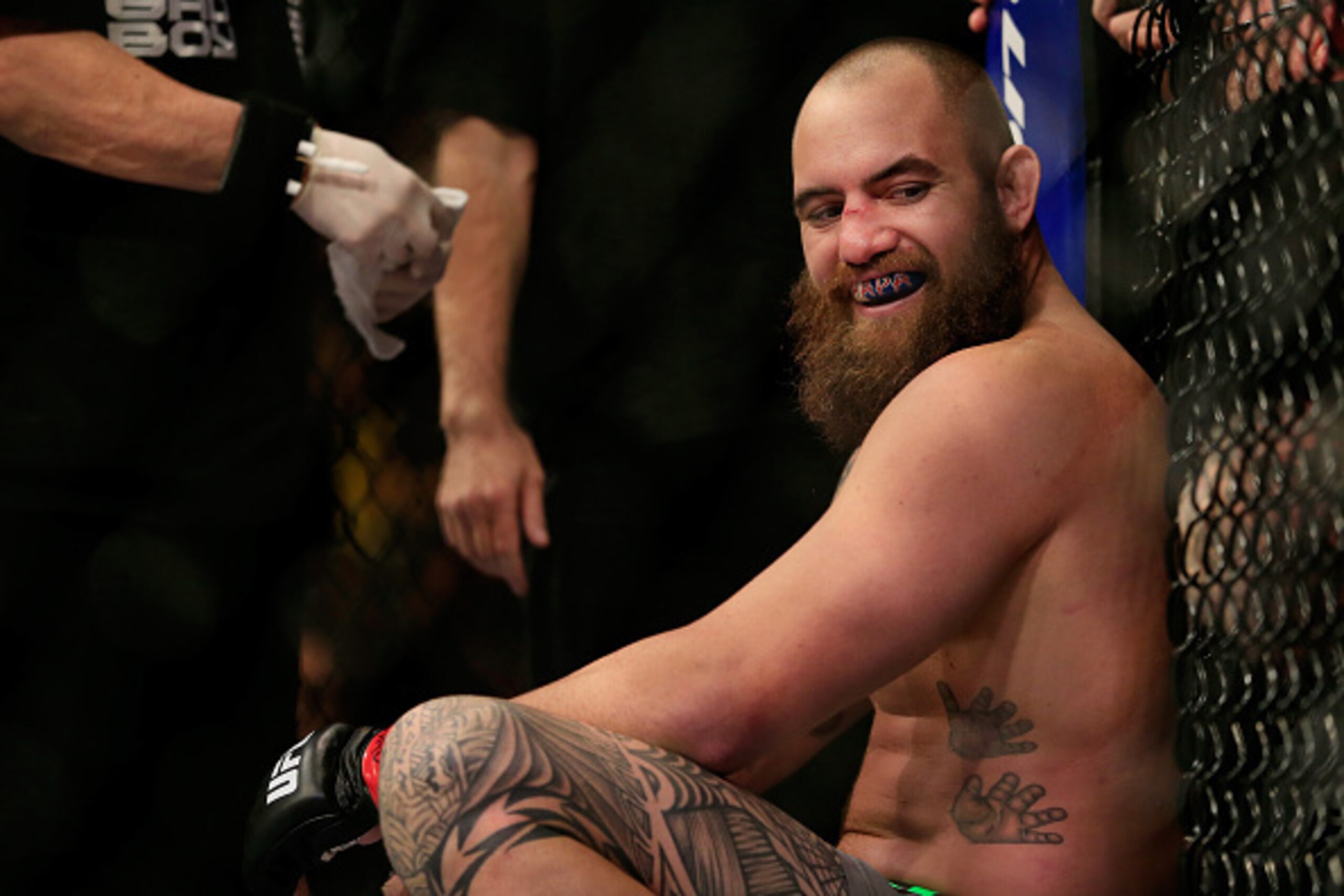 LAS VEGAS, NV - DECEMBER 06:  Travis Browne reacts after defeating Brendan Schaub in their fight during the UFC 181 event at the Mandalay Bay Events Center on December 6, 2014 in Las Vegas, Nevada.  (Photo by Alex Trautwig/Getty Images)