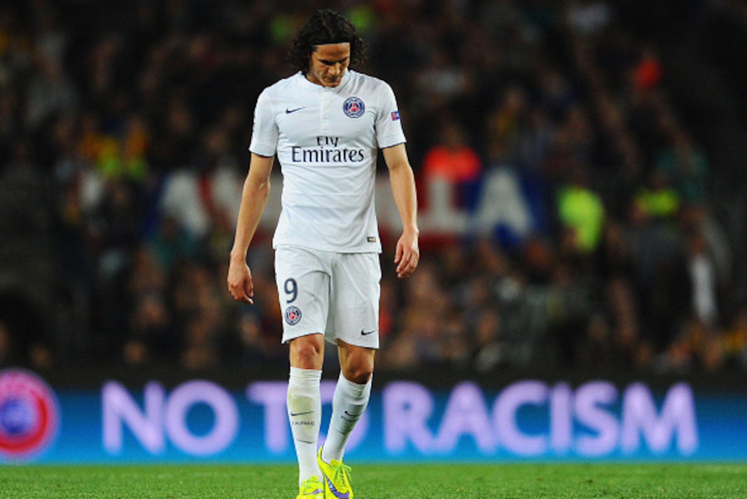 BARCELONA, SPAIN - APRIL 21:  Edinson Cavani of PSG looks thoughtful during the UEFA Champions League Quarter Final second leg match between FC Barcelona and Paris Saint-Germain at Camp Nou on April 21, 2015 in Barcelona, Spain.  (Photo by David Ramos/Get