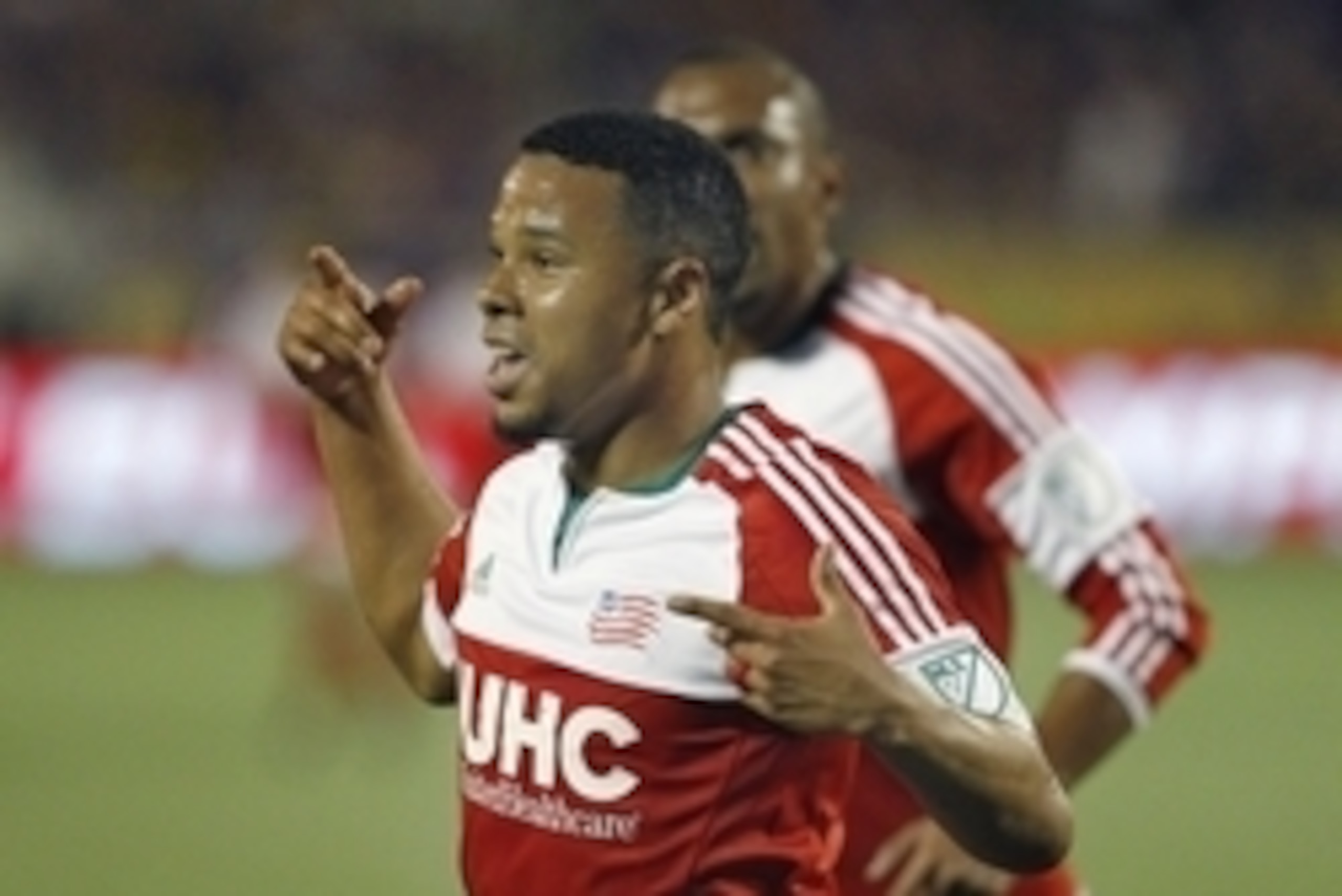 May 8, 2015; Orlando, FL, USA; New England Revolution forward Charlie Davies (9) celebrates a goal during the first half of an MLS soccer match against the Orlando City FC at Orlando Citrus Bowl Stadium. Mandatory Credit: Reinhold Matay-USA TODAY Sports