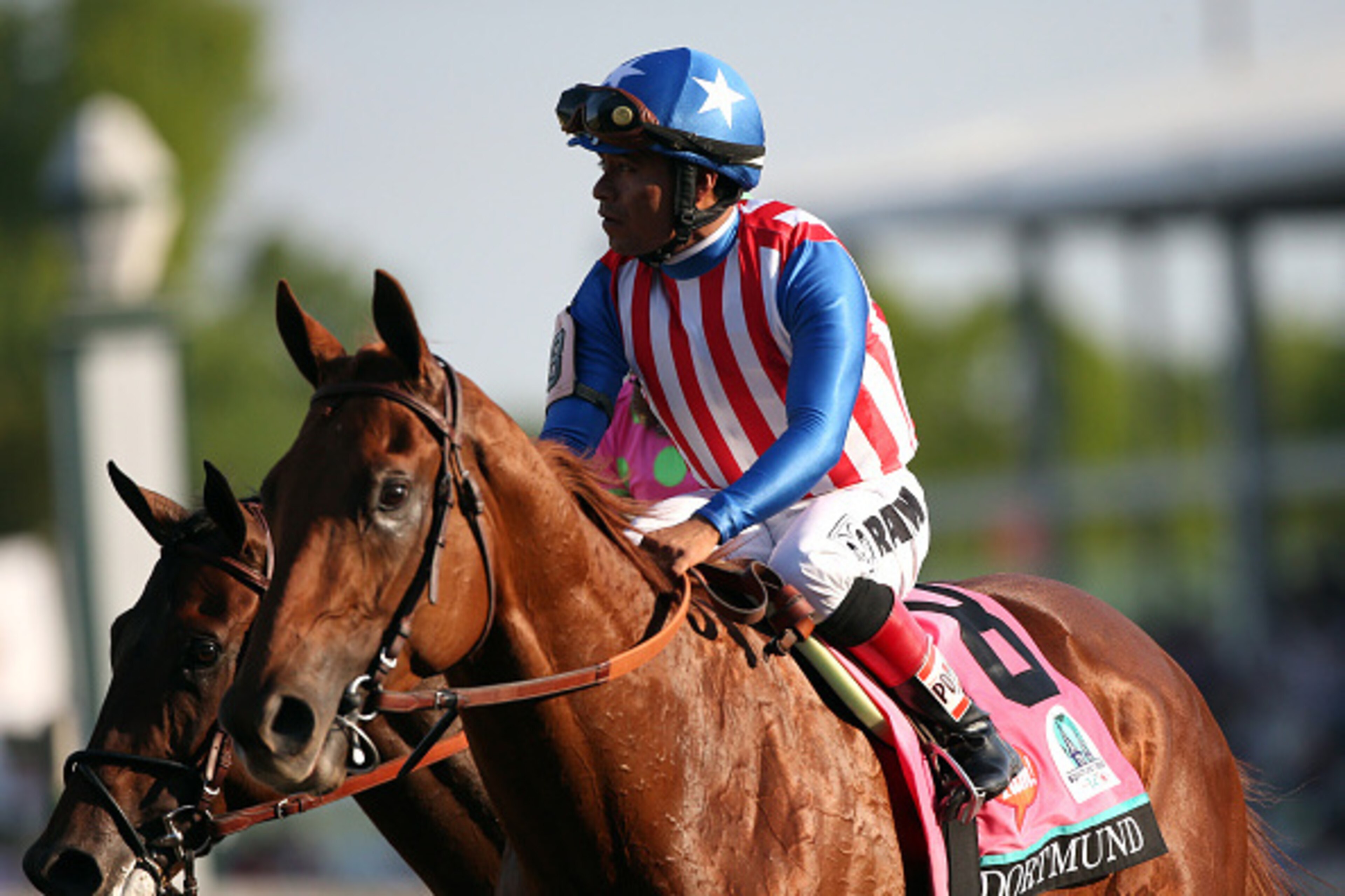 LOUISVILLE, KY - MAY 02:  Jockey Martin Garcia guides Dortmund #8 on the track after placing thrid in the 141st running of the Kentucky Derby at Churchill Downs on May 2, 2015 in Louisville, Kentucky.  (Photo by Chris Graythen/Getty Images)