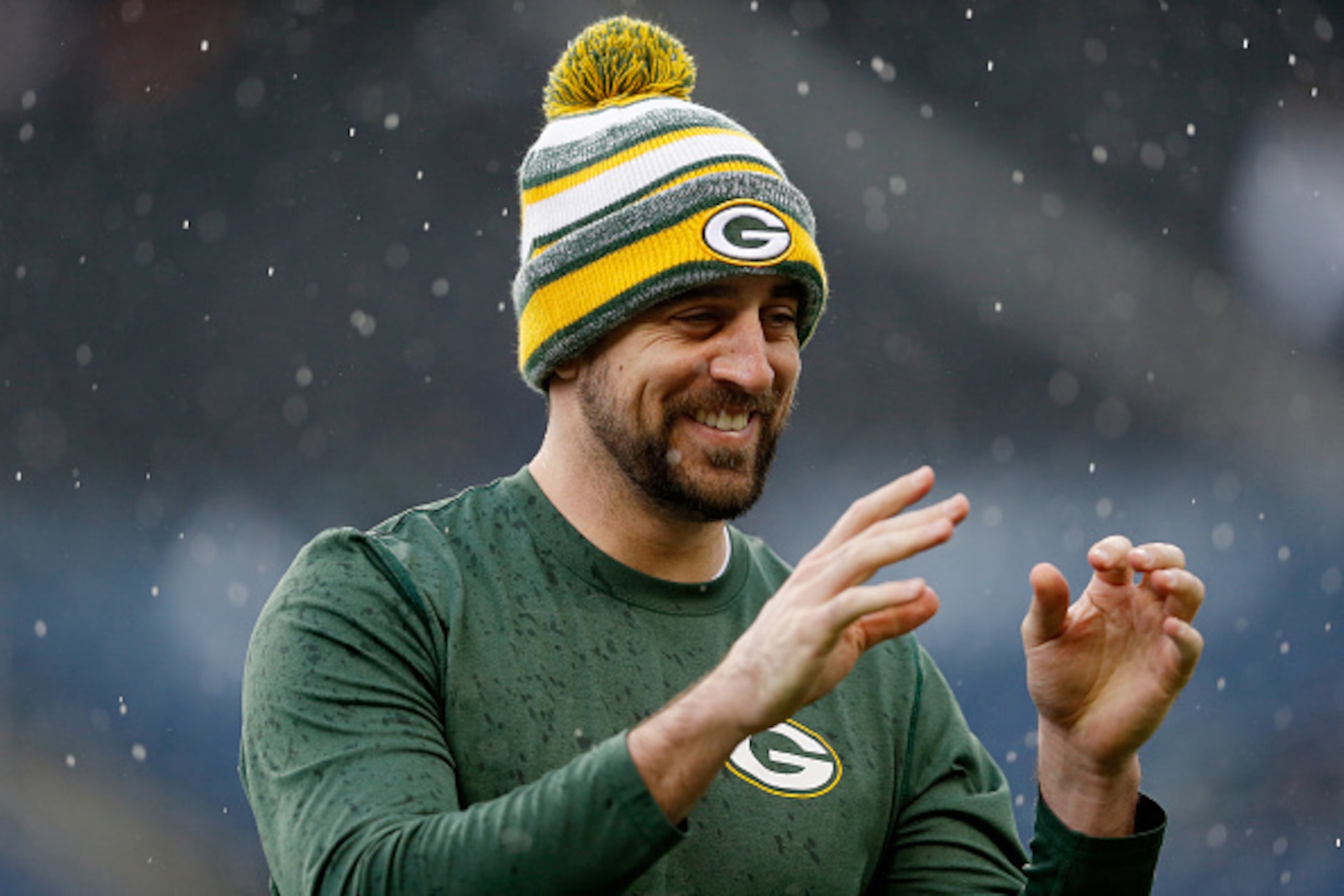 SEATTLE, WA - JANUARY 18:  Aaron Rodgers #12 of the Green Bay Packers warms up prior to the 2015 NFC Championship against the Seattle Seahawks game at CenturyLink Field on January 18, 2015 in Seattle, Washington.  (Photo by Christian Petersen/Getty Images