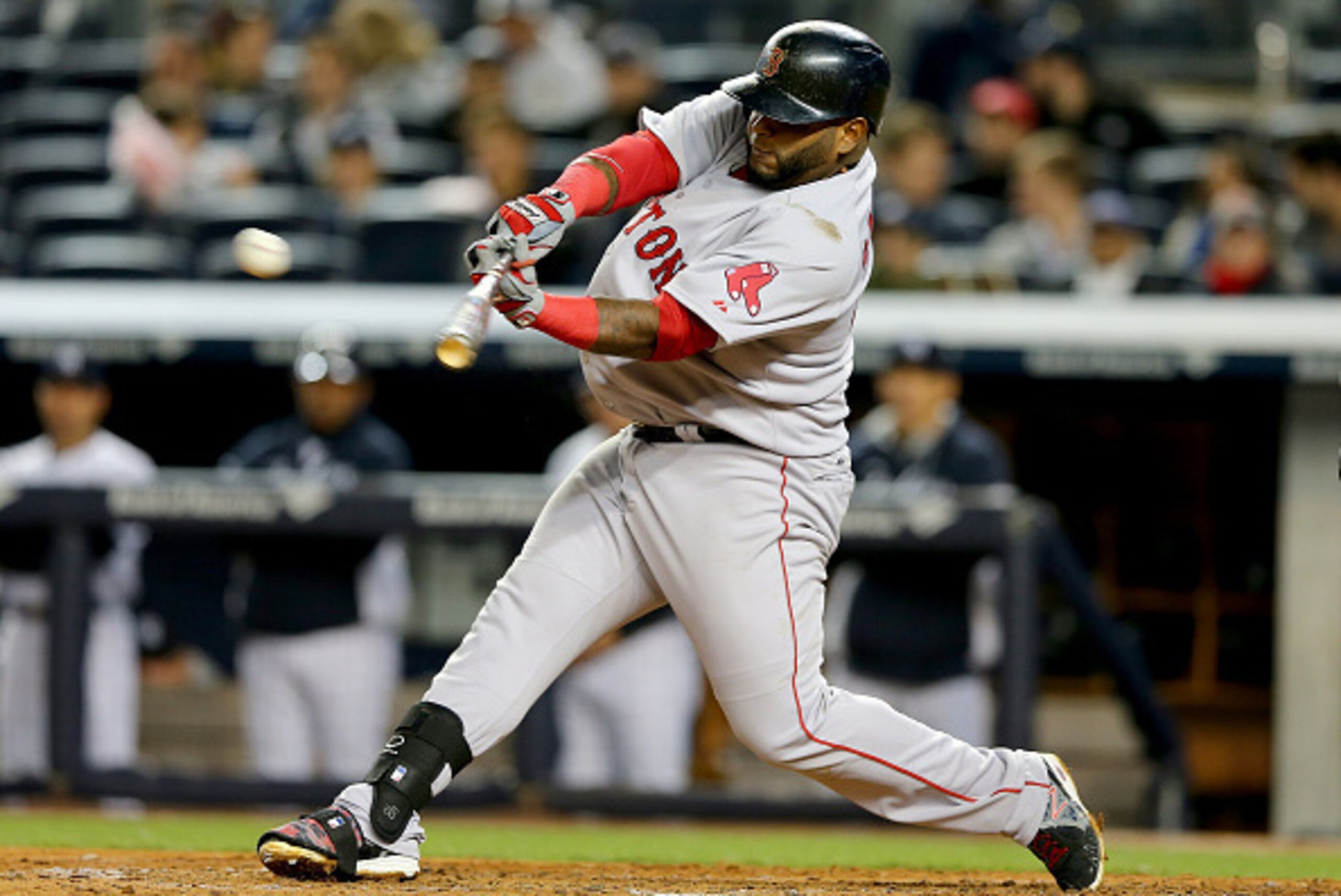 NEW YORK, NY - APRIL 12:  Pablo Sandoval #48 of the Boston Red Sox hits a single in the fourth inning against the New York Yankees on April 12, 2015 at Yankee Stadium in the Bronx borough of New York City.  (Photo by Elsa/Getty Images)