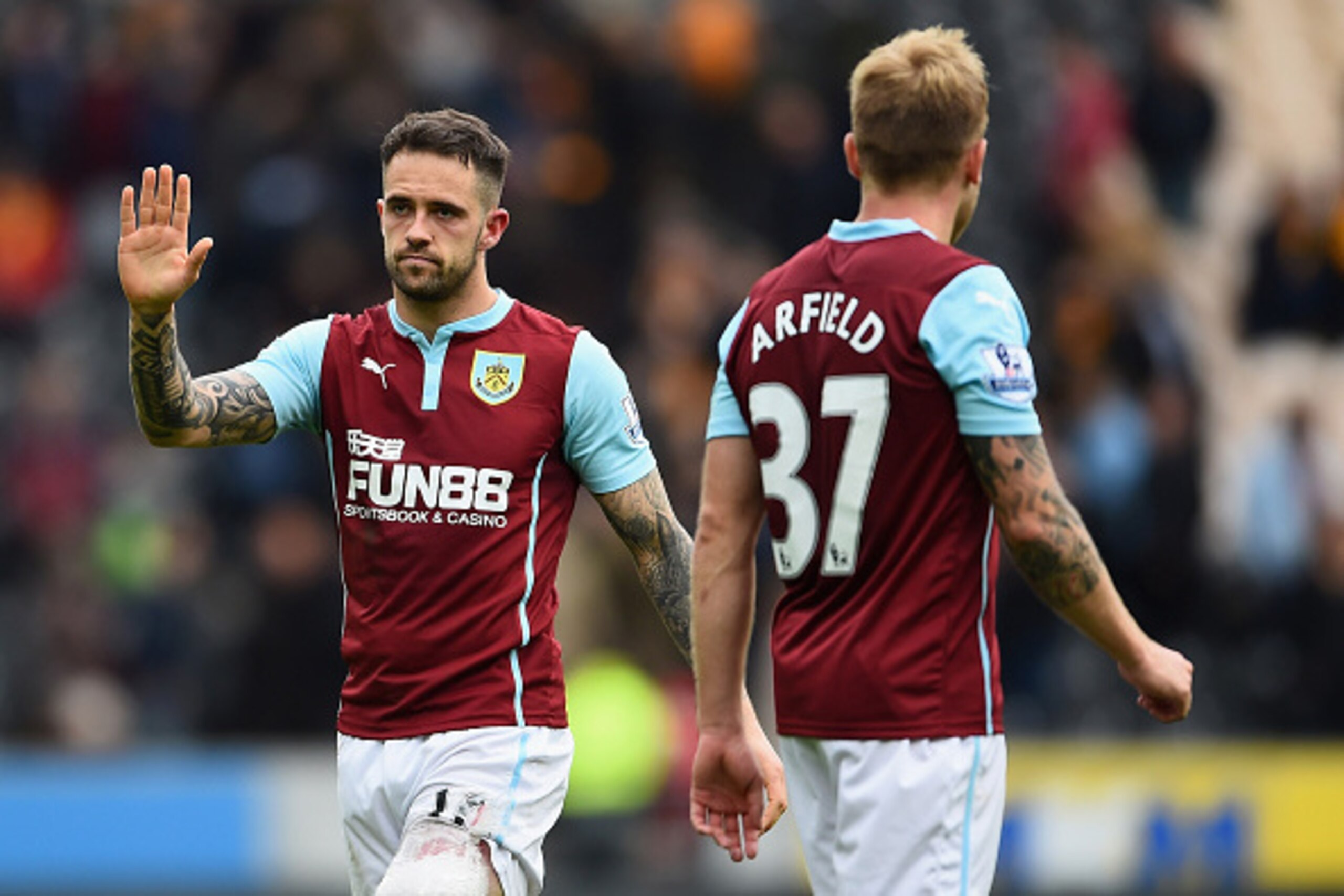 HULL, ENGLAND - MAY 09: Danny Ings (L) of Burnley waves to fans after his team were relegated after the Barclays Premier League match between Hull City and Burnley at KC Stadium on May 9, 2015 in Hull, England. (Photo by Laurence Griffiths/Getty Images) HULL, ENGLAND - MAY 09: Danny Ings (L) of Burnley waves to fans after his team were relegated after the Barclays Premier League match between Hull City and Burnley at KC Stadium on May 9, 2015 in Hull, England. (Photo by Laurence Griffiths/Getty Images)