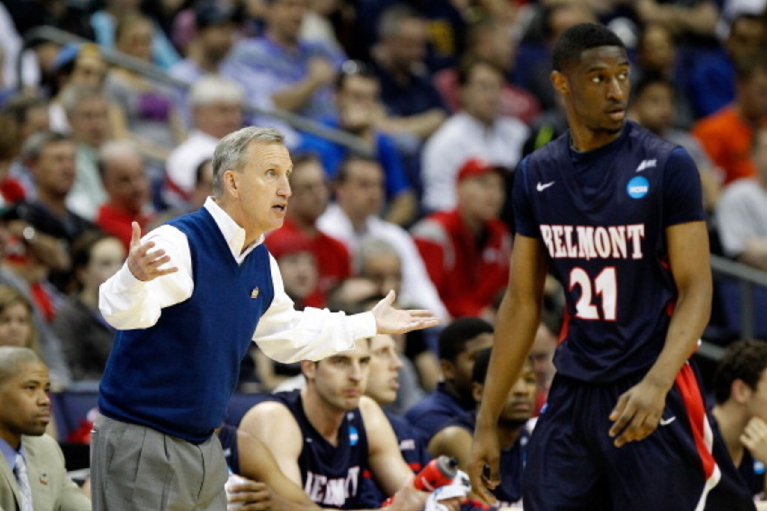 COLUMBUS, OH - MARCH 16:  Head coach Rick Byrd of the Belmont Bruins reacts as player Ian Clark #21 looks on during the first half against the Georgetown Hoyas during the second round of the 2012 NCAA Men's Basketball Tournament at Nationwide Arena on Mar